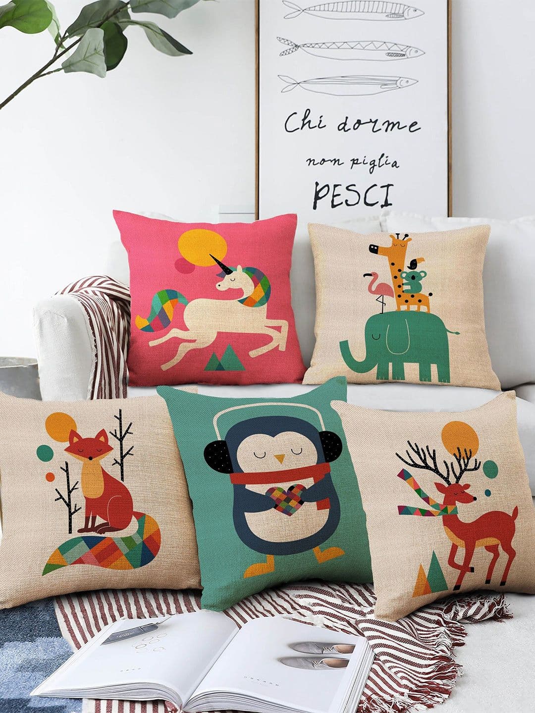 AEROHAVEN Green & Beige Set of 5 Quirky Square Jute Cushion Covers - view 1