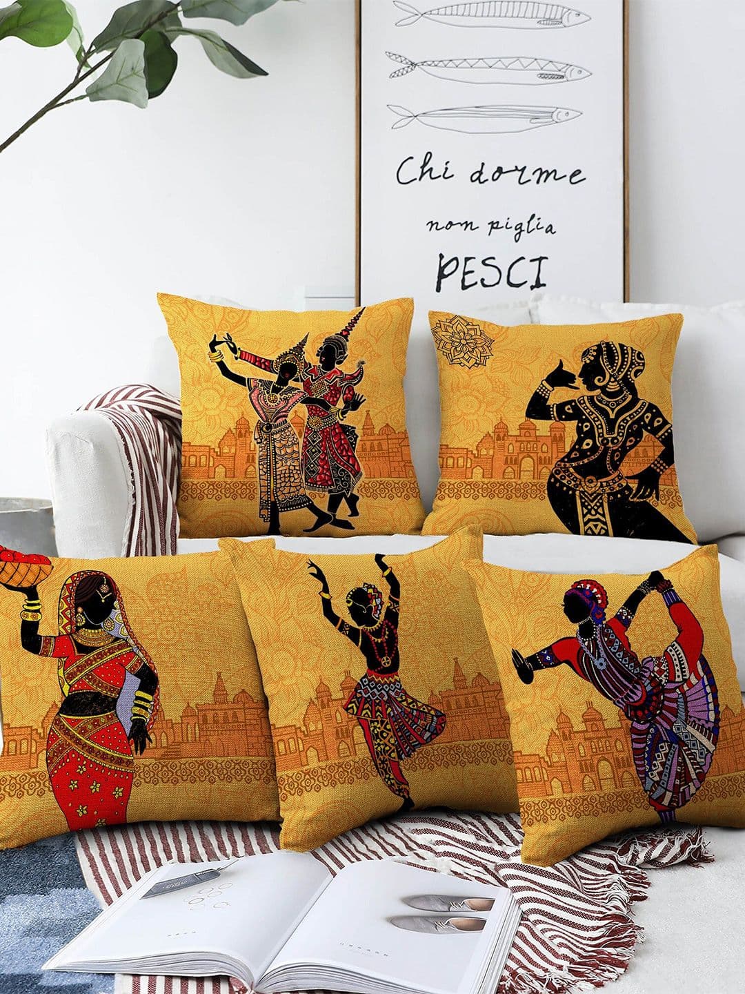 AEROHAVEN Yellow & Black Set Of 5 Ethnic Printed Square Cushion Covers - view 1