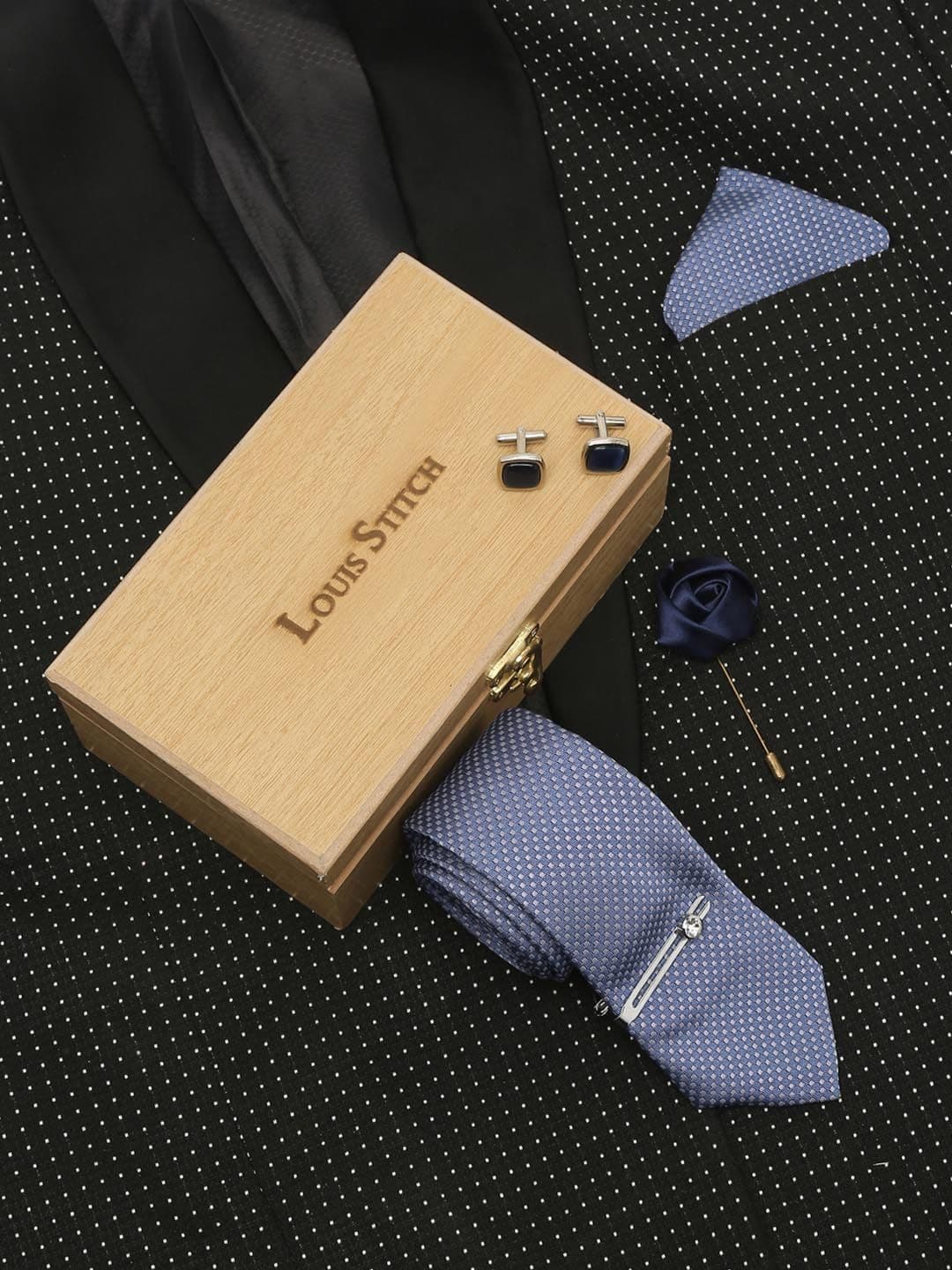 LOUIS STITCH Men Ash Blue Italian Silk Necktie Accessory Gift Set - view 1