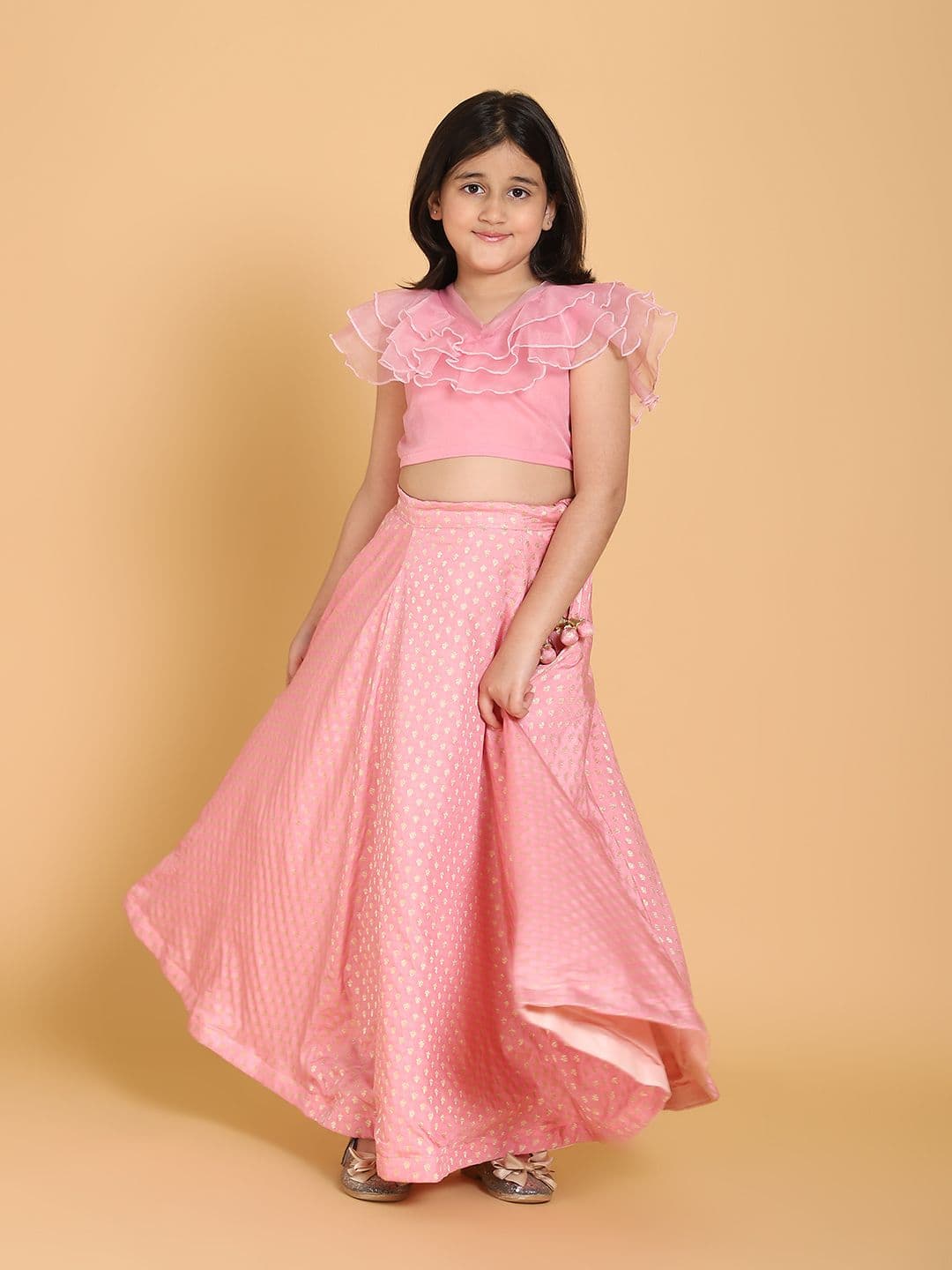 PICCOLO Girls Pink & Gold-Toned Ready to Wear Lehenga & Blouse Set - view 1