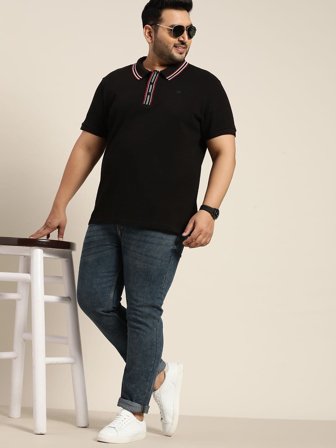 Sztori Men Plus Size Black Polo Collar Pure Cotton T-shirt - view 1