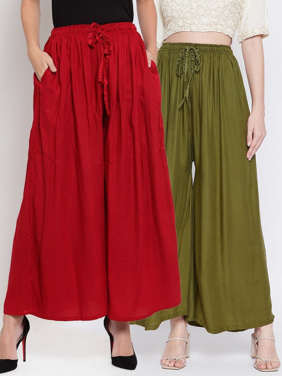 Clora Creation Women Pack Of 2 Green & Red Flared Knitted Palazzos - view 1