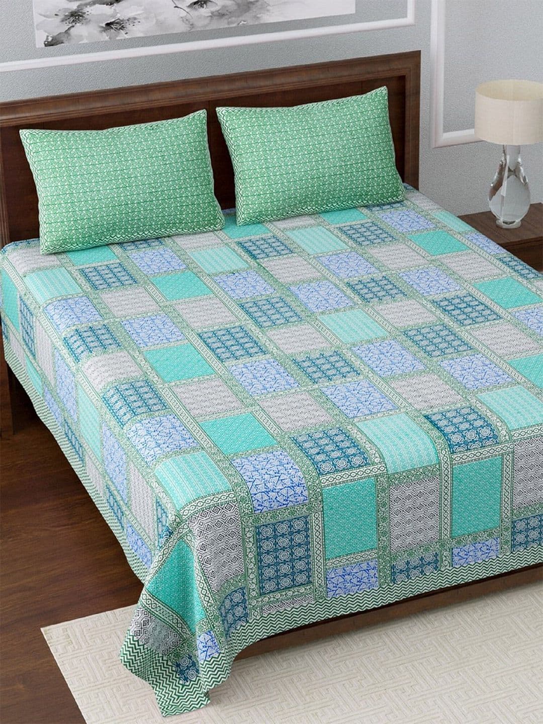 LIVING ROOTS Urbana Collection Green Ethnic Motifs Pure Cotton Breathable 210 TC Super King Fine Bedsheet with 2 Pillow Covers-85 x 103 inches - view 1