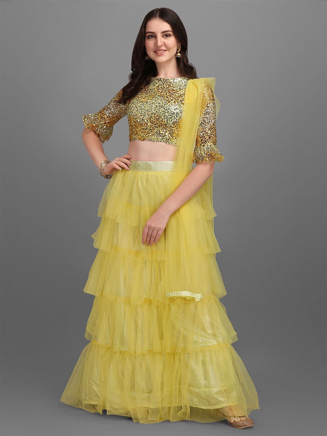 Mitera Yellow Embroidered Sequinned Semi-Stitched Lehenga & Unstitched Blouse With Dupatta - view 1