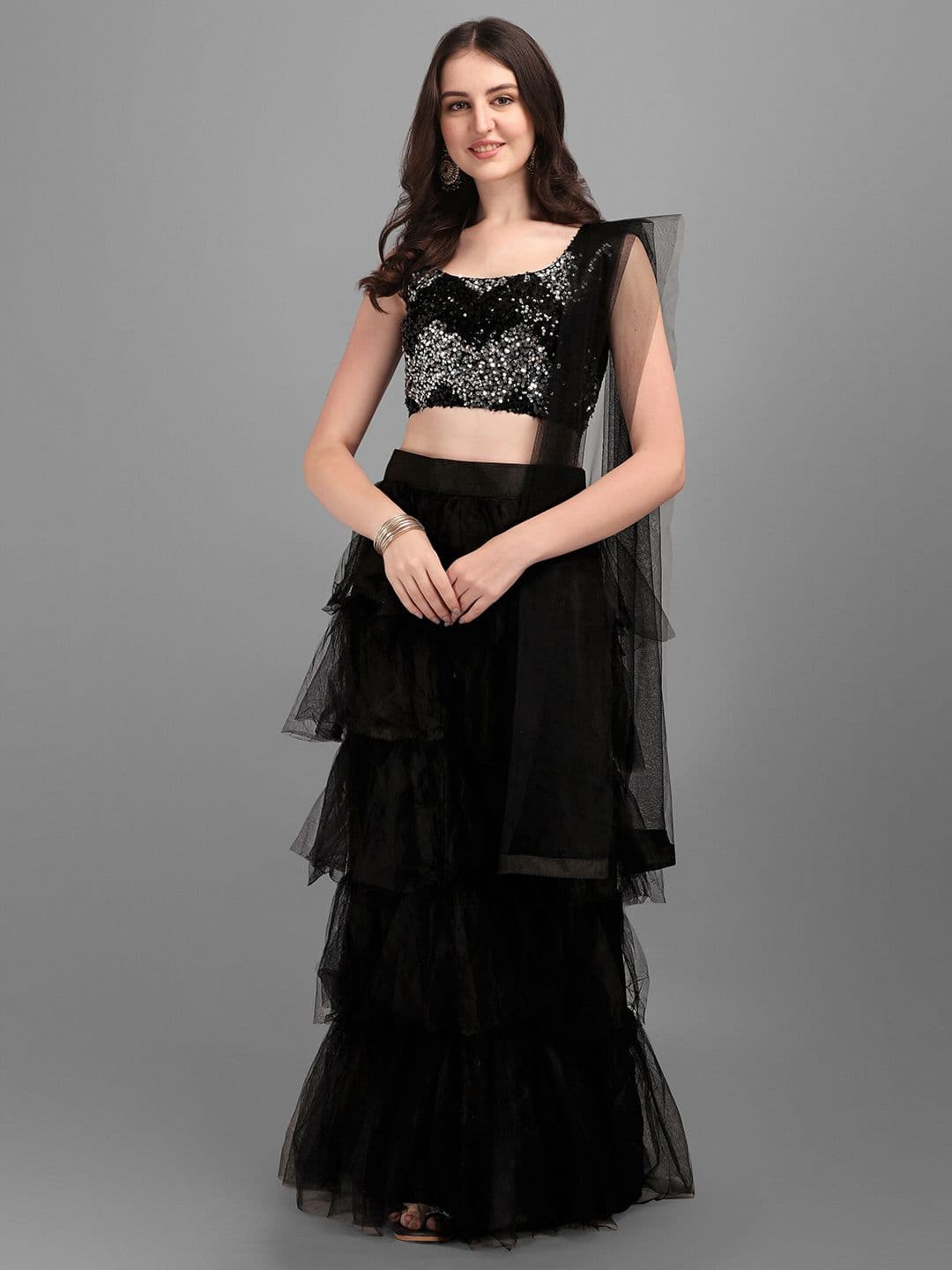 Mitera Black & Silver-Toned Semi-Stitched Lehenga Unstitched Blouse & Net Dupatta - view 1