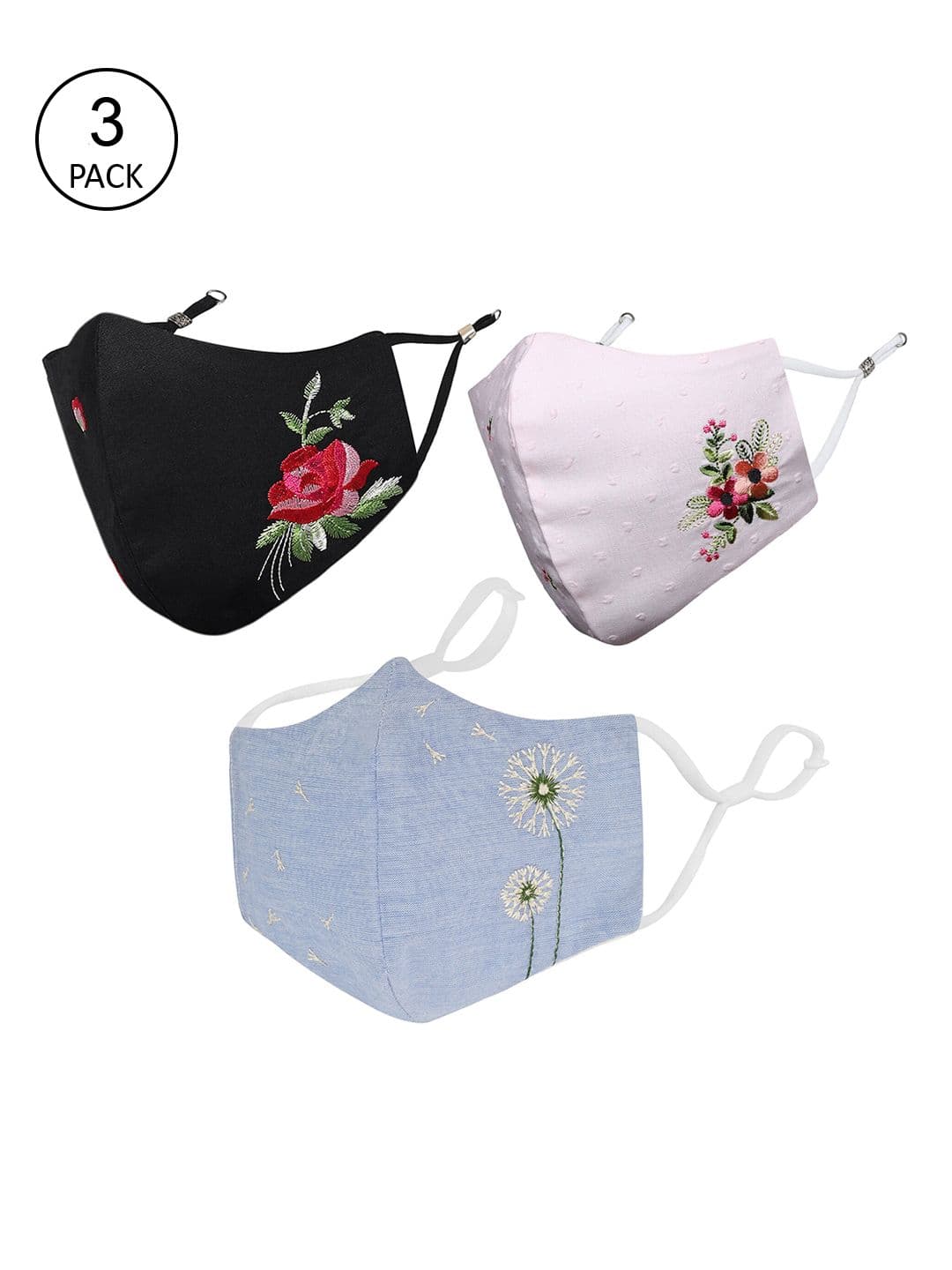 MASQ Women Pack of 3 Embroidered 4-Ply Reusable Pure Cotton Cloth Masks - view 1