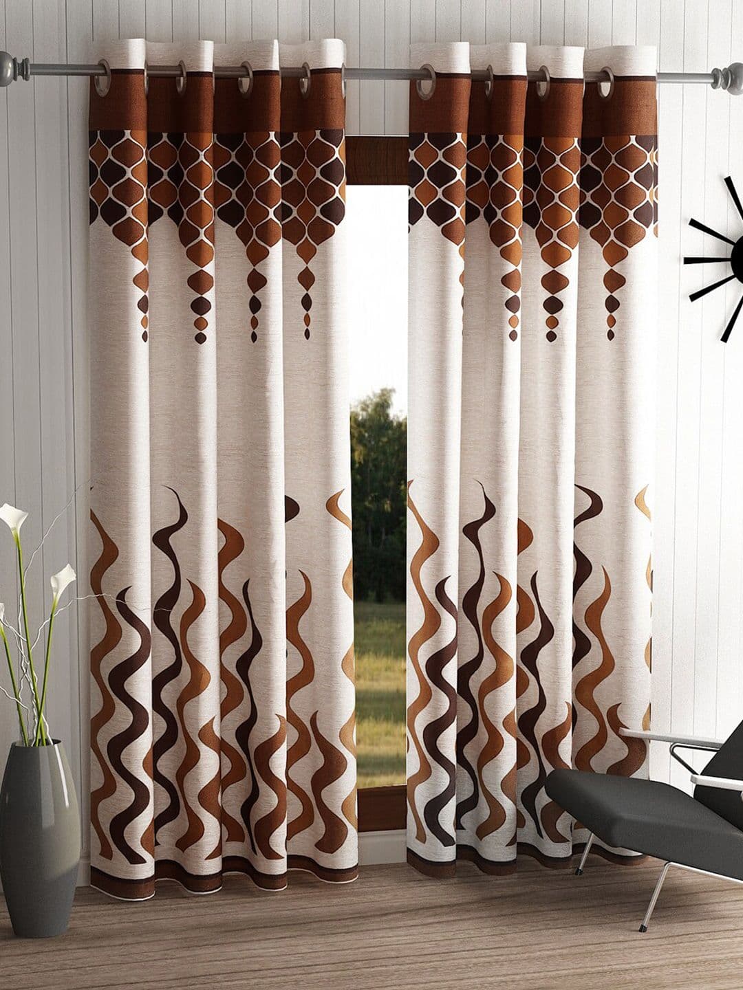 Home Sizzler Set of 2 Brown & White Wave Panel Door Curtain - view 1
