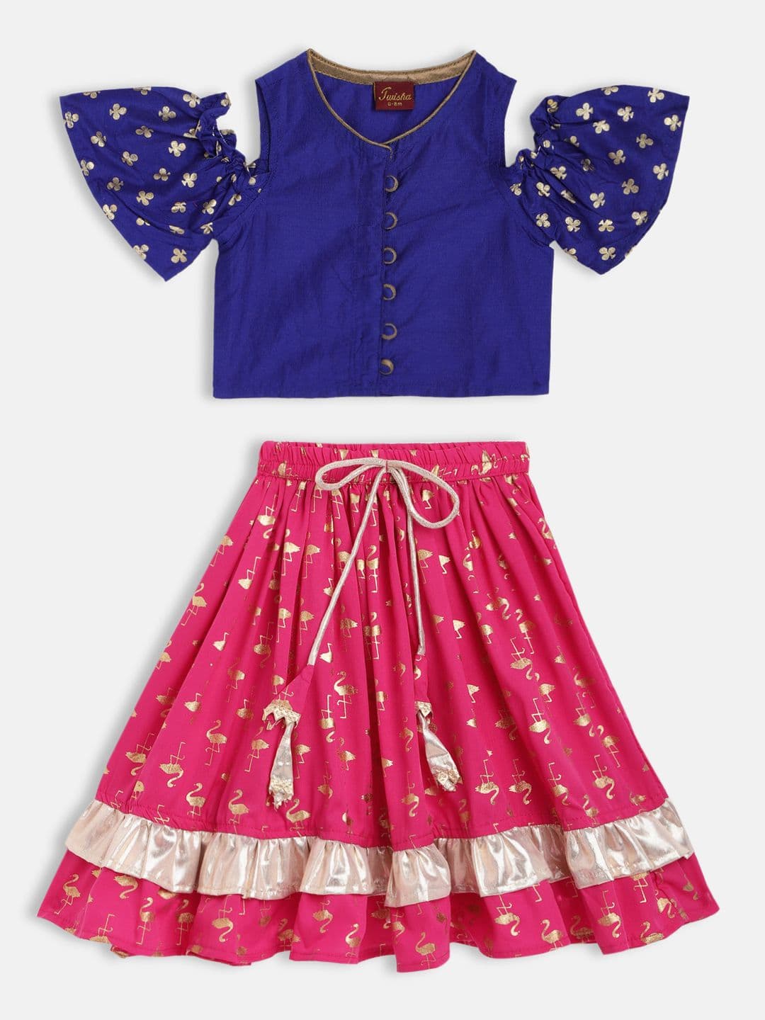 Twisha Girls Navy Blue & Pink Solid Gotta Patti Top with Ghaghra - view 1