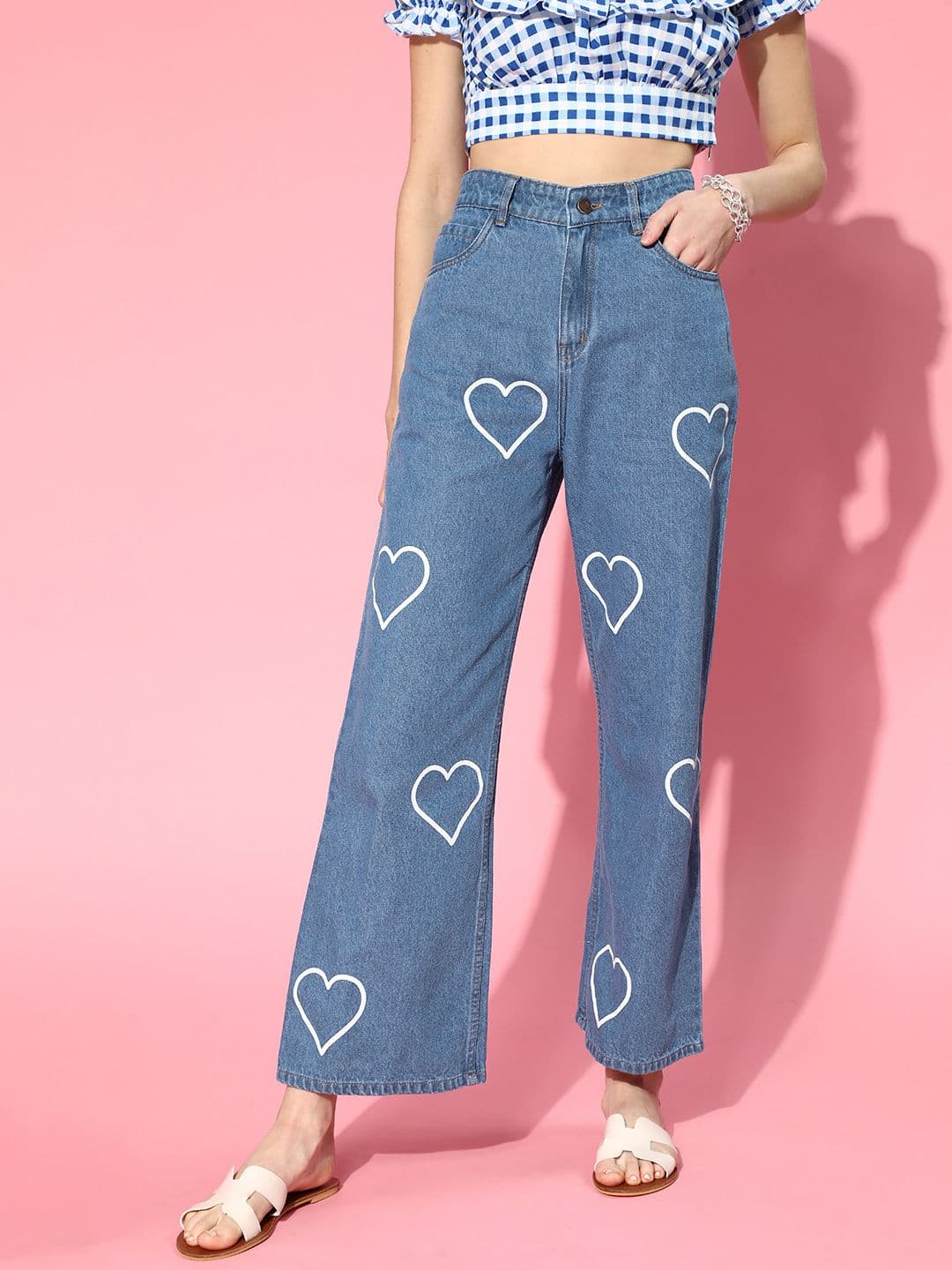 SASSAFRAS Women Blue Wide Leg High-Rise Heart Printed Jeans - view 1