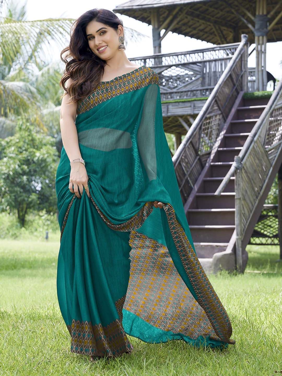 KALINI Turquoise Blue & Brown Solid Printed Border Chiffon Saree - view 1
