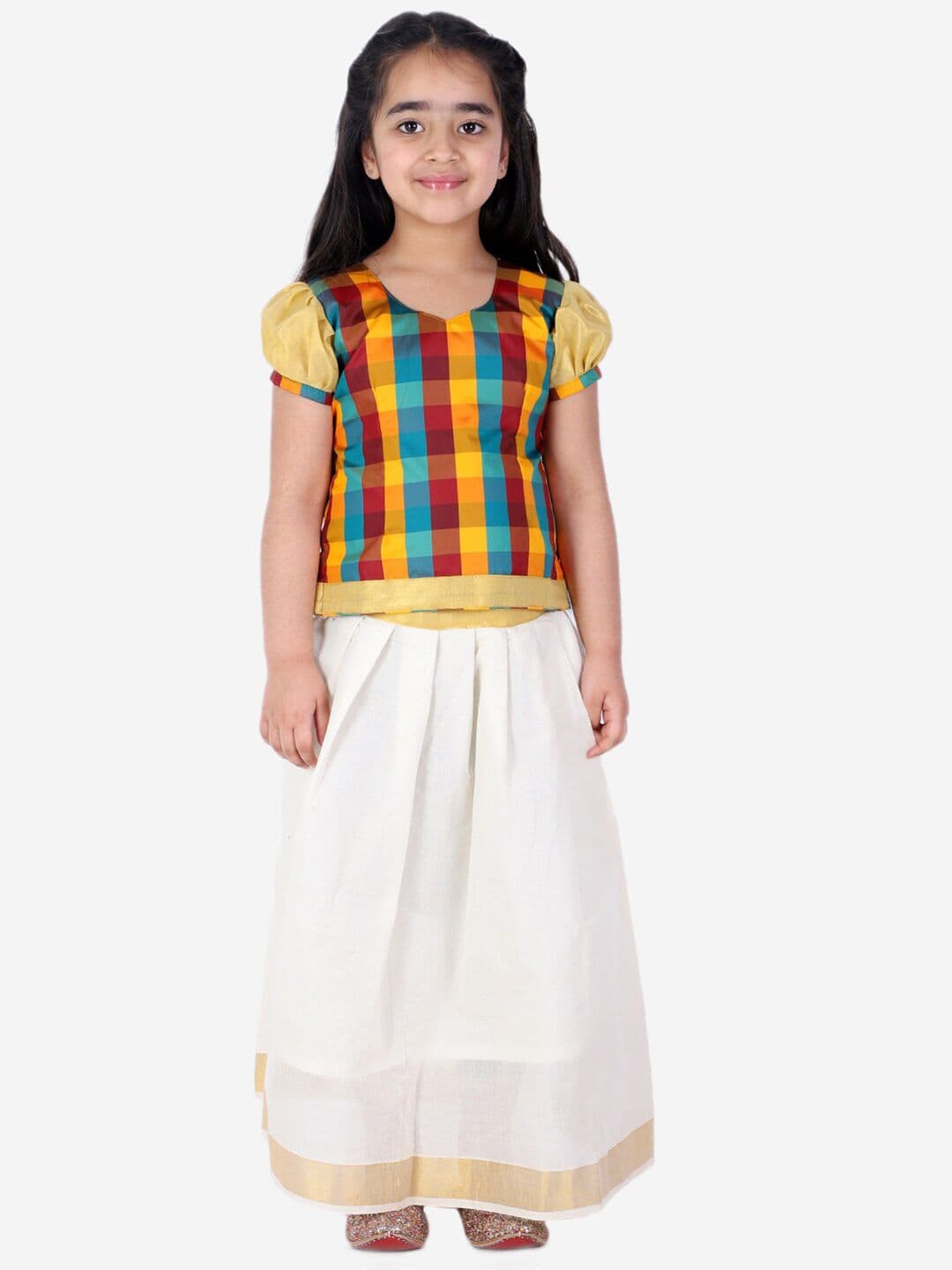 BownBee Girls White & Multicolored Ready to Wear South Indian Pavda Pattu Lehenga & Choli - view 1
