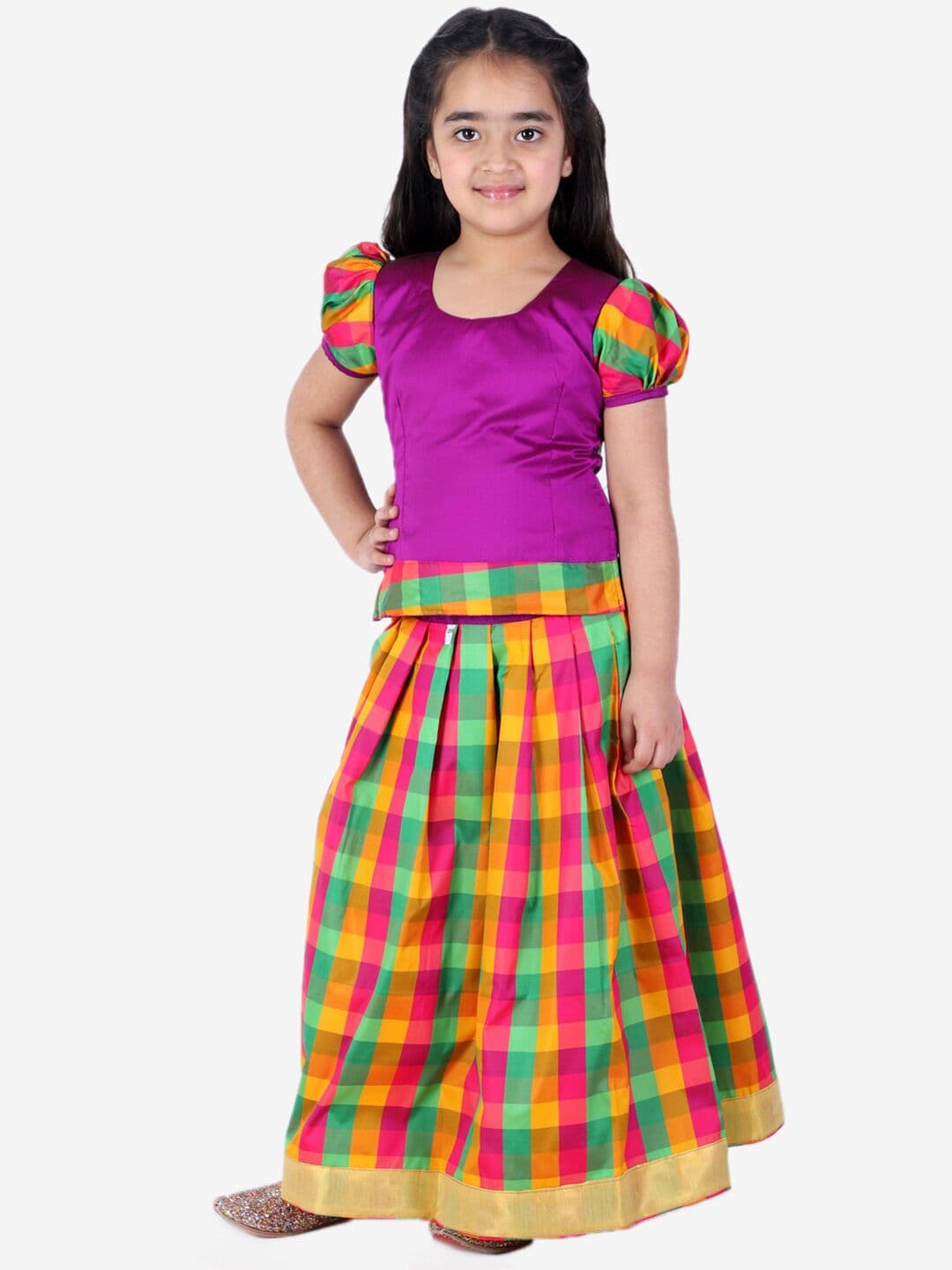BownBee Girls Purple & Green South Indian Pavda Pattu Ready to Wear Lehenga Choli - view 1