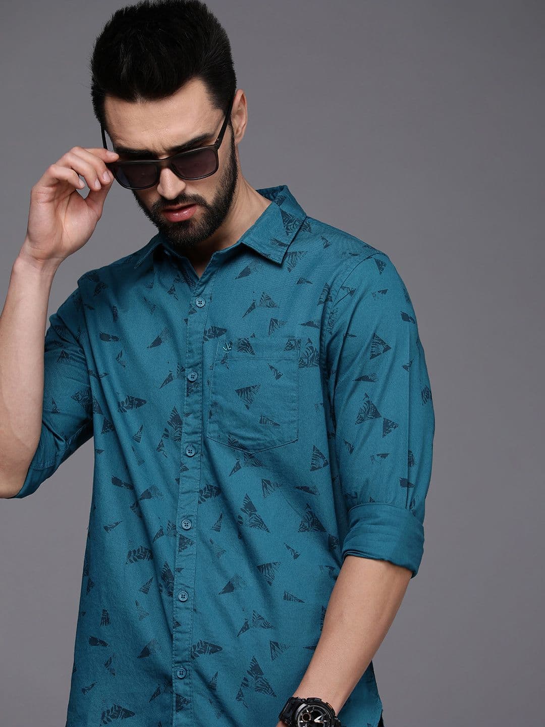 WROGN Men Blue Slim Fit Printed Casual Cotton Shirt - view 1
