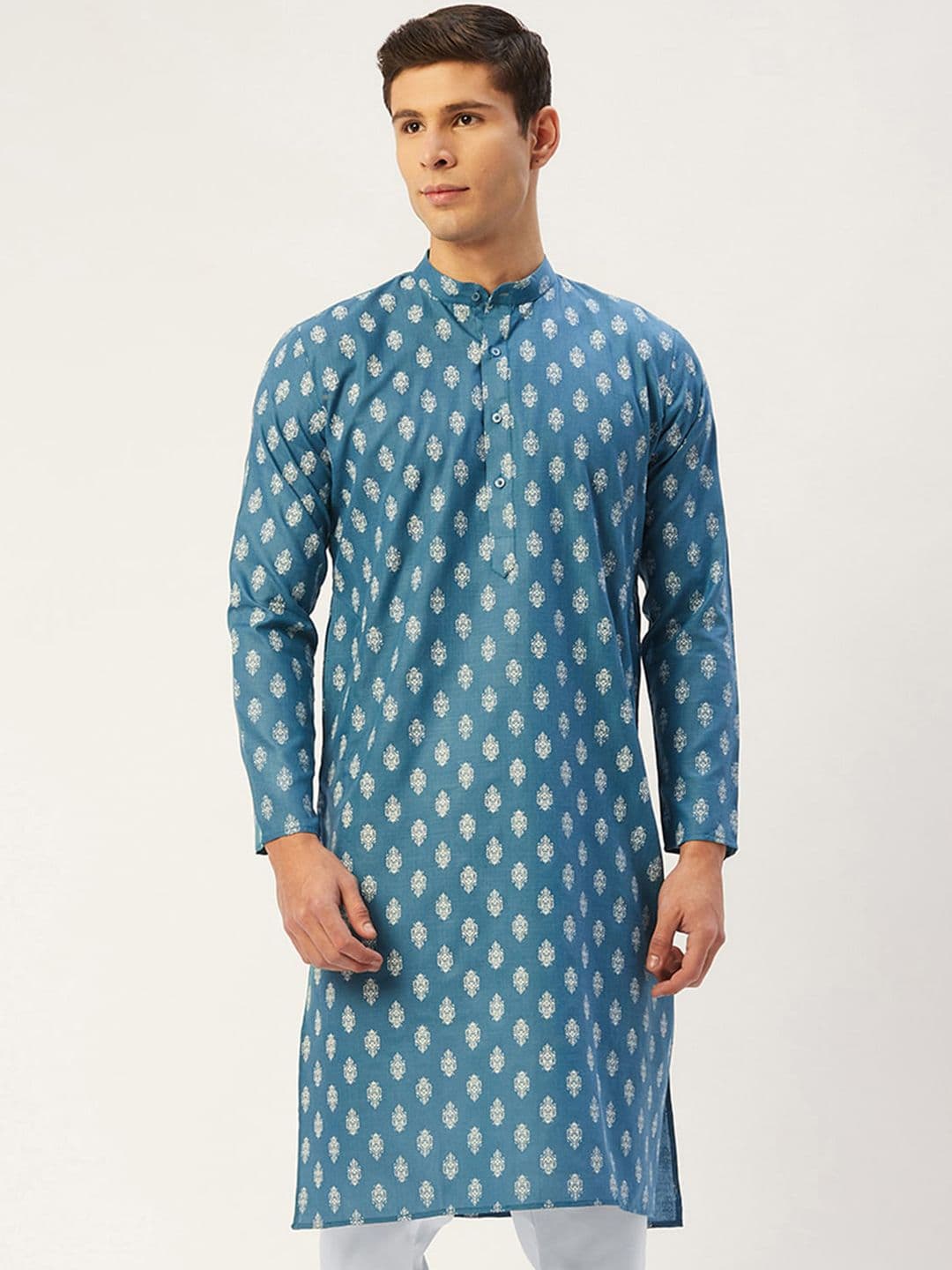 Jompers Men Teal Blue & White Ethnic Motifs Kurta - view 1