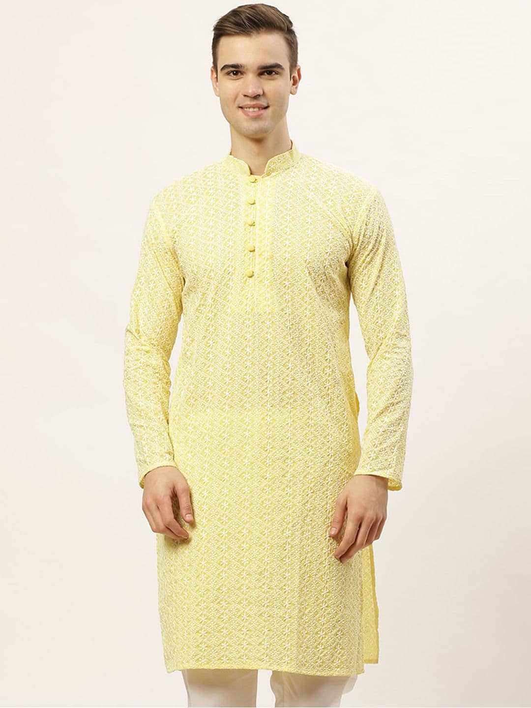 Jompers Men Yellow Thread Work Embroidered Chikankari Pure Cotton Kurta - view 1