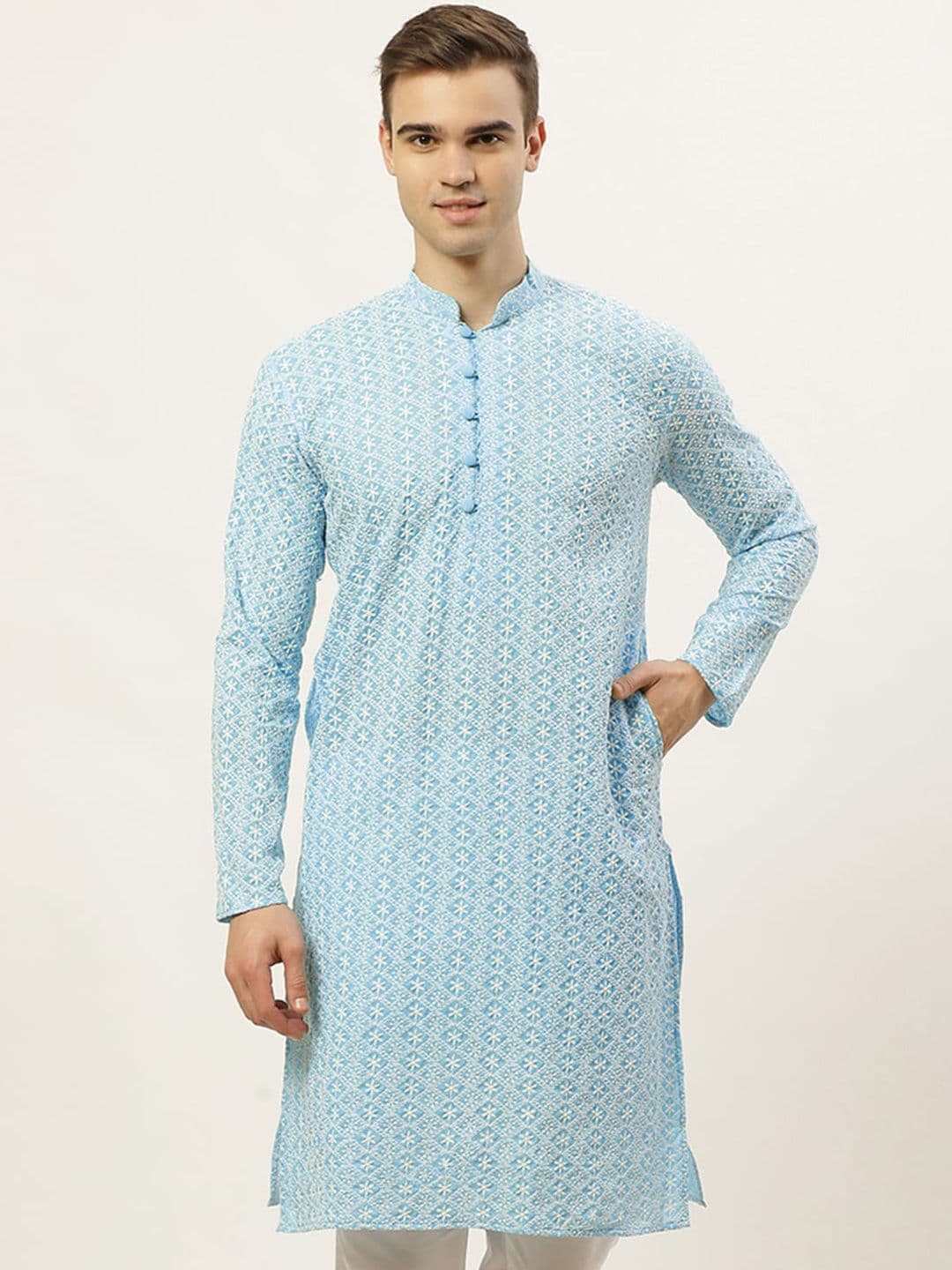Jompers Men Turquoise Blue & White Floral Embroidered Pure Cotton Kurta - view 1