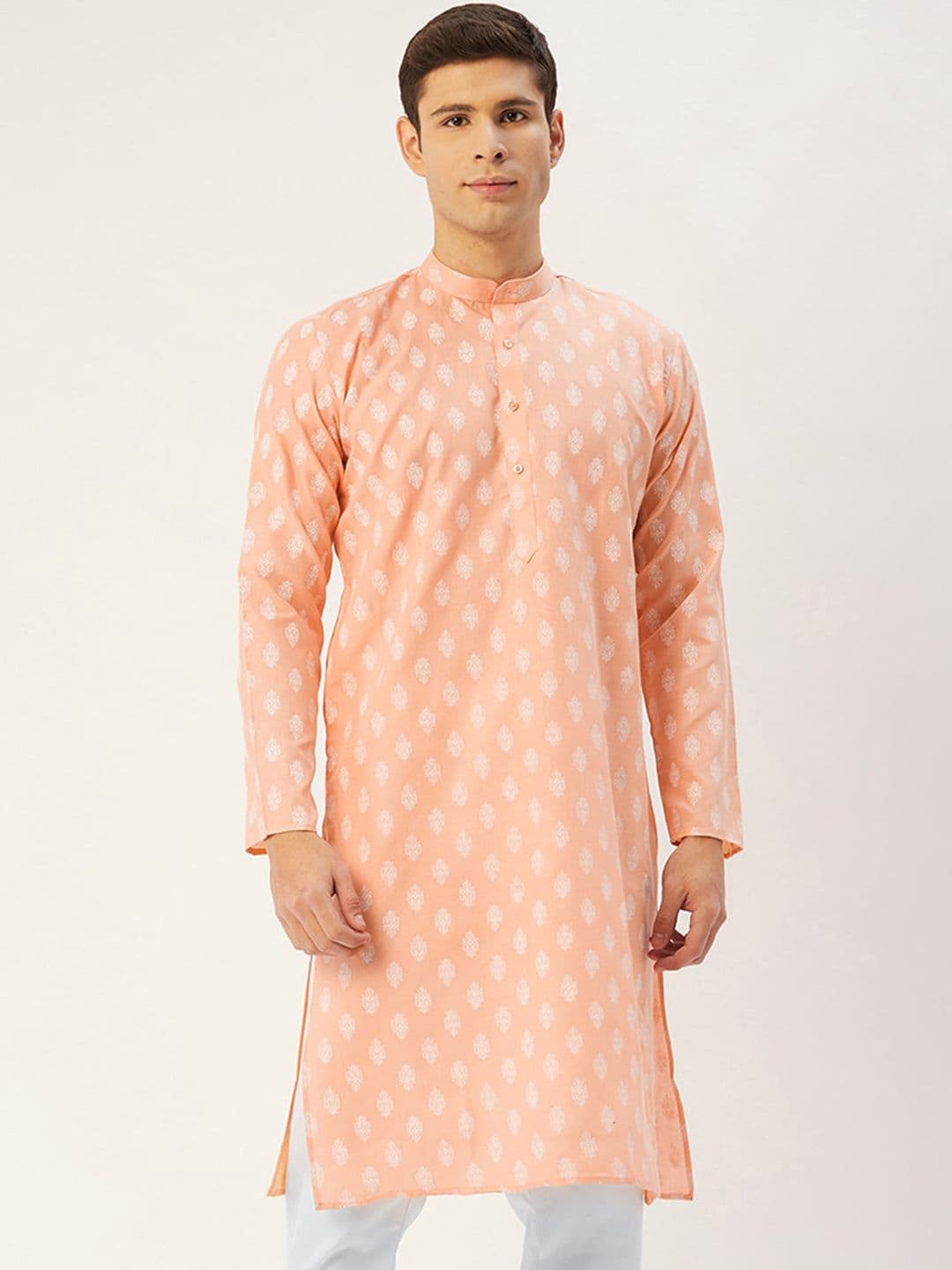 Jompers Men Peach-Coloured & White Ethnic Motifs Kurta - view 1