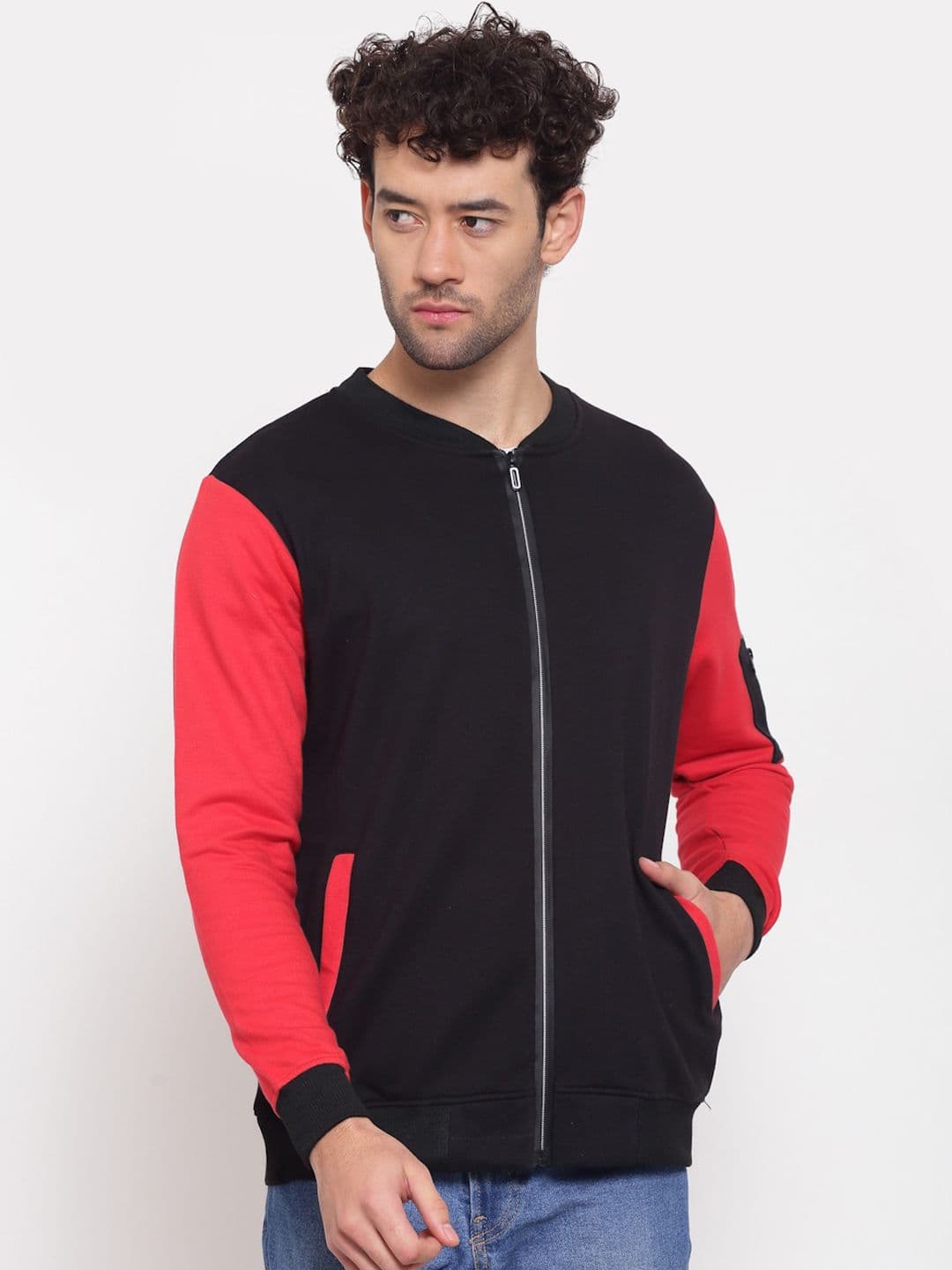 PAUSE SPORT Men Black Red Colourblocked Fleece Lightweight Antimicrobial Bomber Jacket - view 1