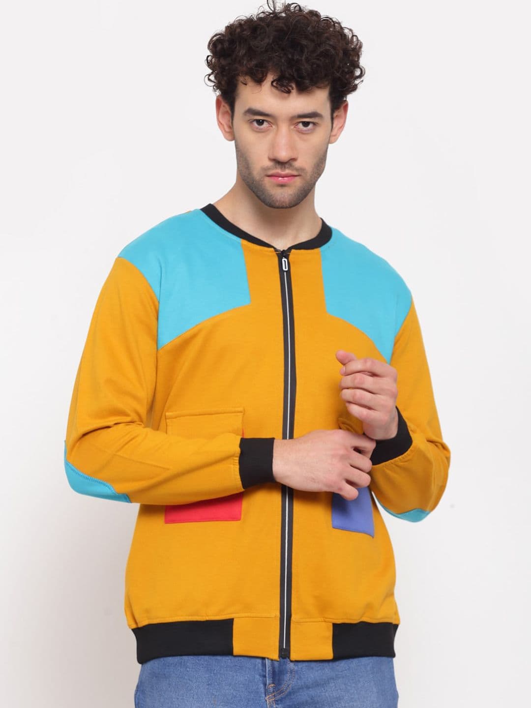 PAUSE SPORT Men Mustard Turquoise Blue Colourblocked Fleece Lightweight Antimicrobial Outdoor Bomber Jacket - view 1