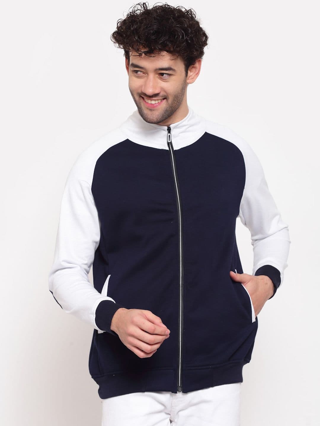 PAUSE SPORT Men Blue White Colourblocked Fleece Lightweight Antimicrobial Tailored Jacket - view 1