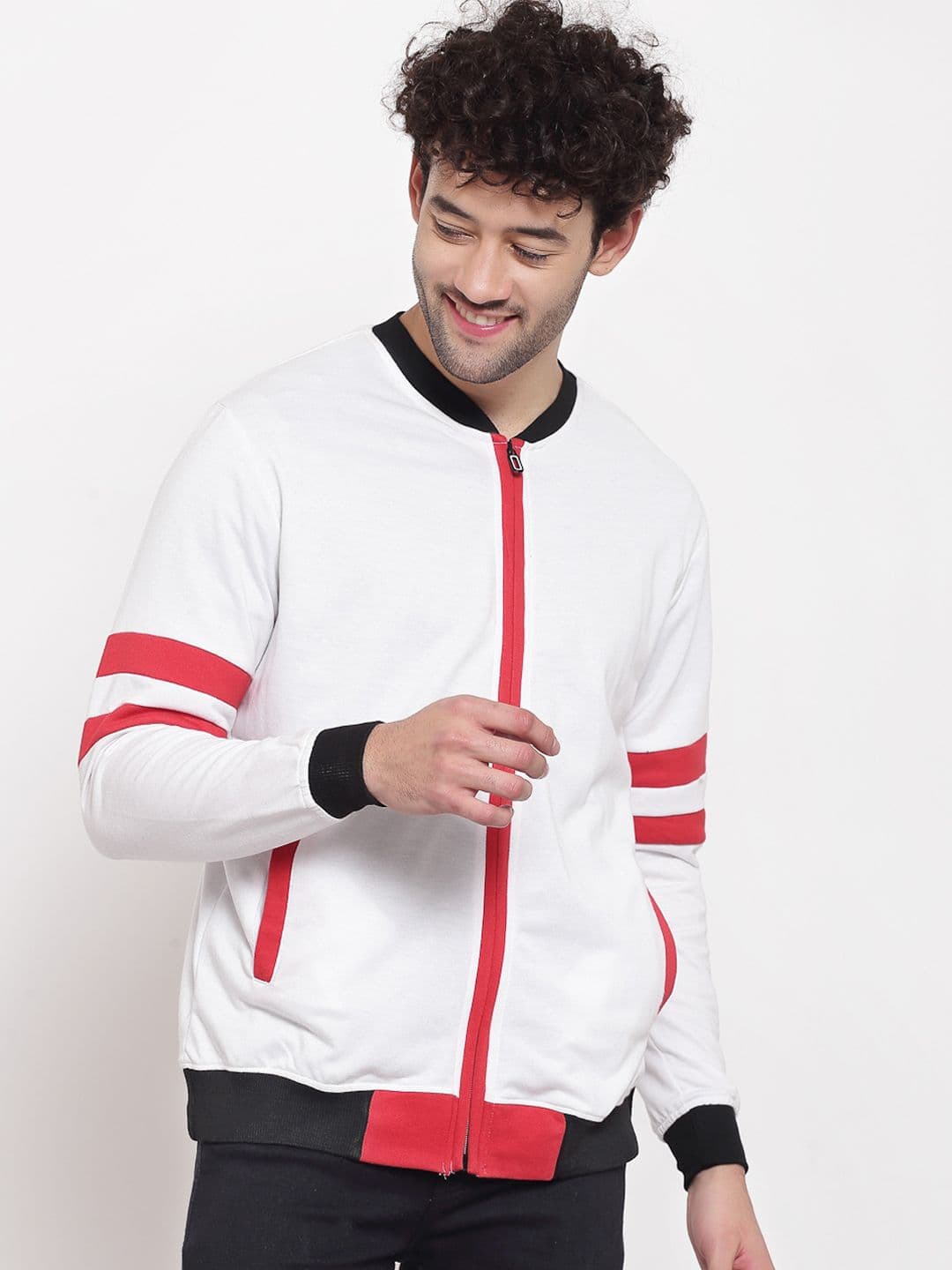 PAUSE SPORT Men White Red Colourblocked Fleece Lightweight Antimicrobial Outdoor Bomber Jacket - view 1