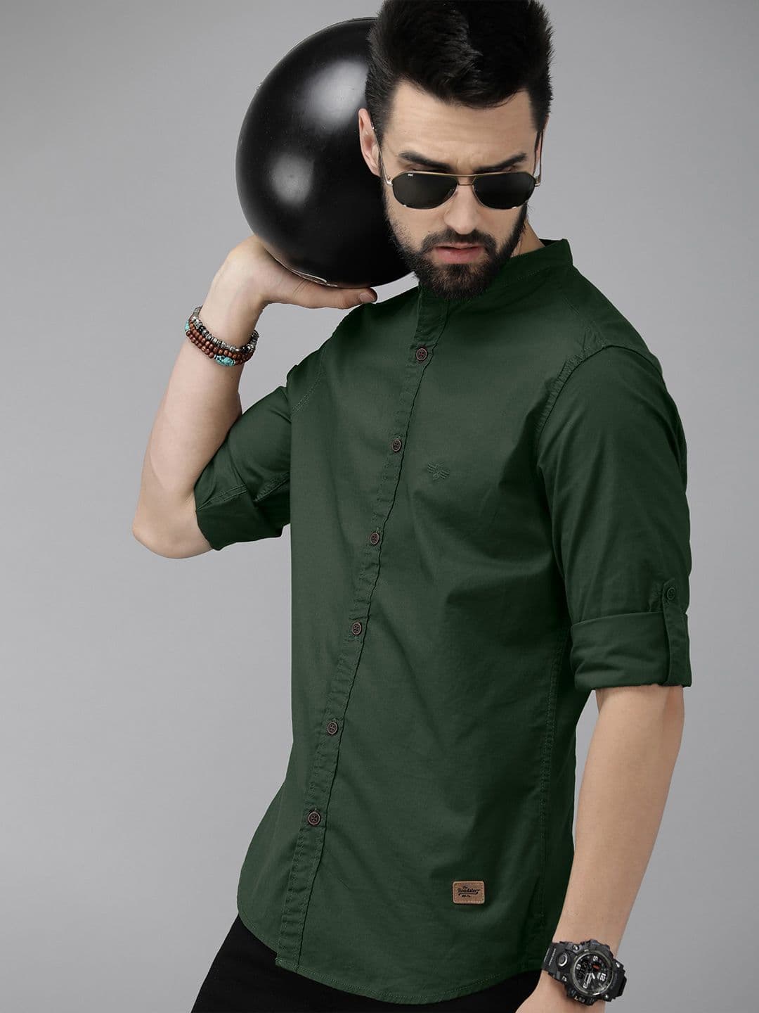 The Roadster Lifestyle Co. Men Green Solid Slim Fit Mandarin Collar Casual Shirt - view 1