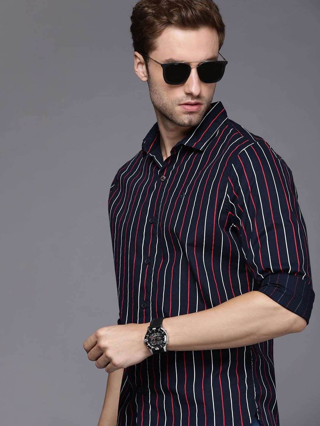 WROGN Men Navy Blue And Red Slim Fit Striped Cotton Casual Shirt - view 1