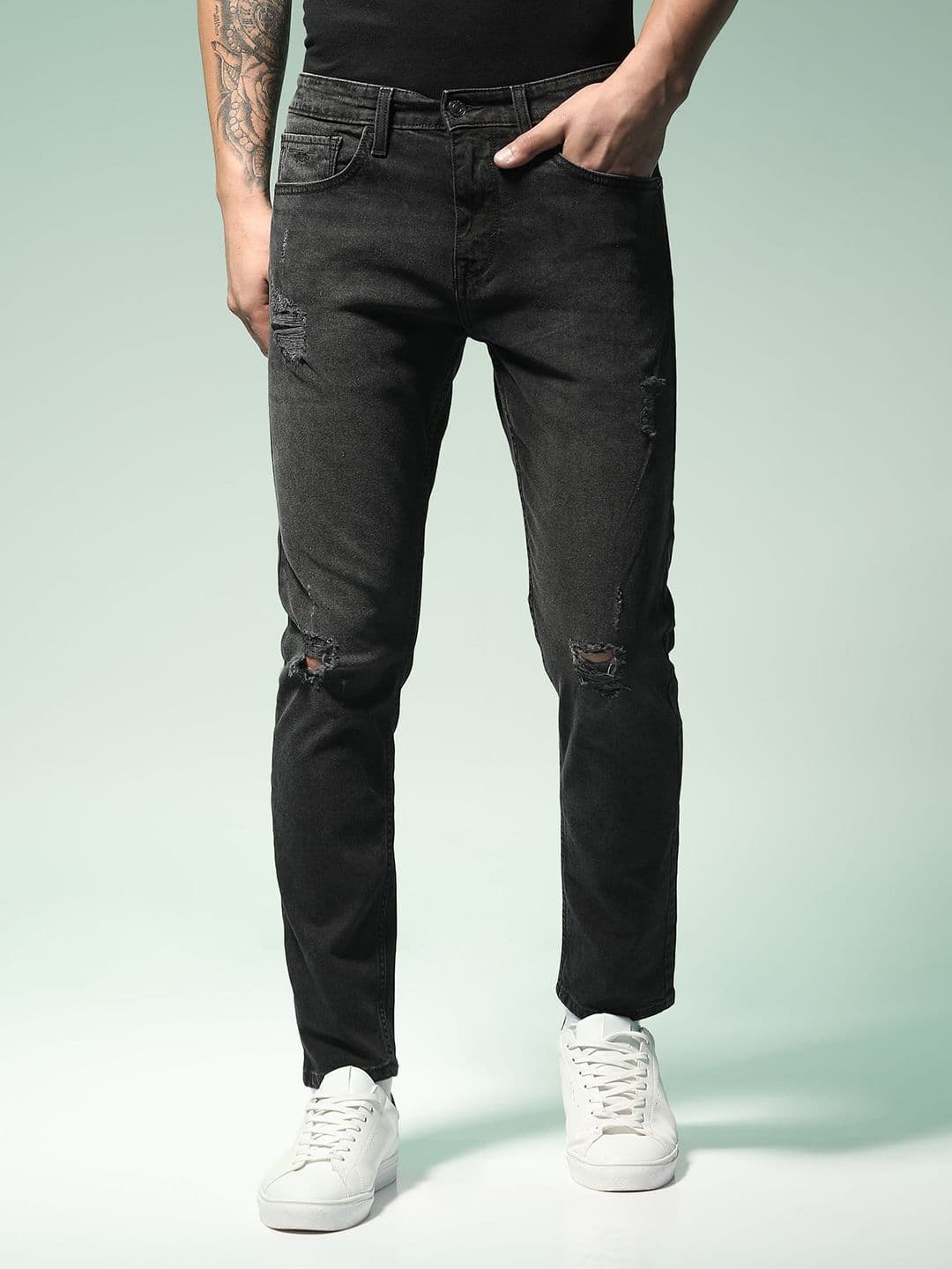 Flying Machine Men Black Michael Slim Tapered Fit Highly Distressed Stretchable Jeans