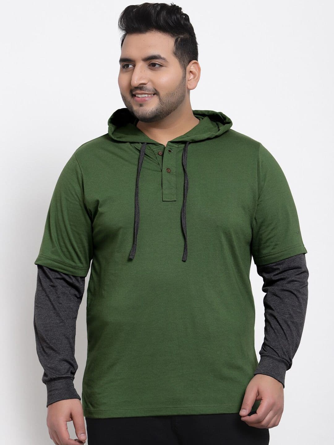 Kalt Plus Size Men Green Solid Hooded T-shirt - view 1