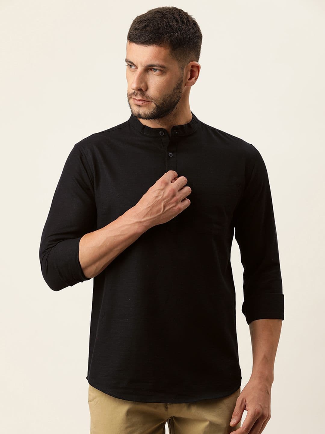 Kryptic Men Black Solid Cotton Straight Kurta - view 1