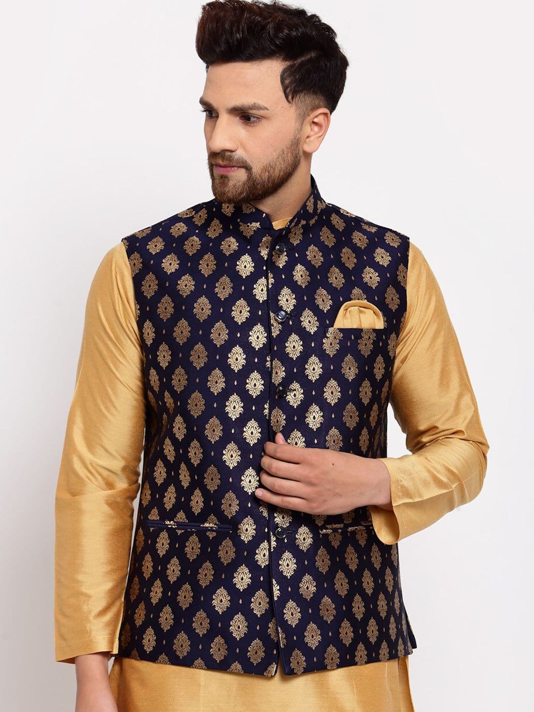 Badoliya & Sons Men Navy Blue & Gold Zari Woven Design Nehru Jacket - view 1