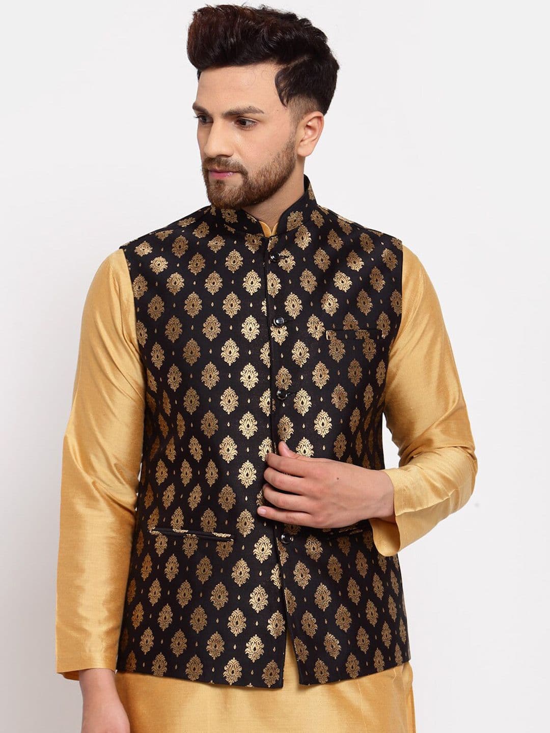 Badoliya & Sons Men Black & Gold-Coloured Woven Design Nehru Jacket - view 1
