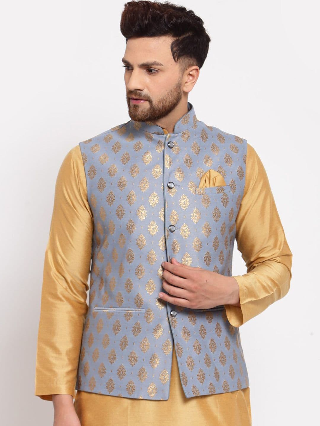 Badoliya & Sons Men Grey & Gold Woven Design Nehru Jacket - view 1