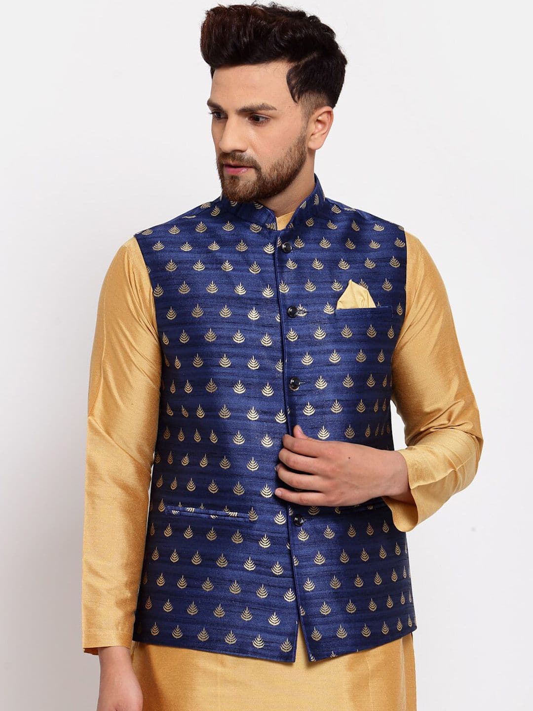 Badoliya & Sons Men Navy Blue Printed Jacquard Nehru Jacket - view 1