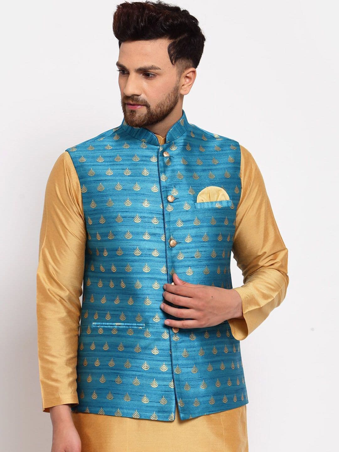 Badoliya & Sons Men Blue & Gold-Coloured Woven Design Woven Nehru Jackets - view 1