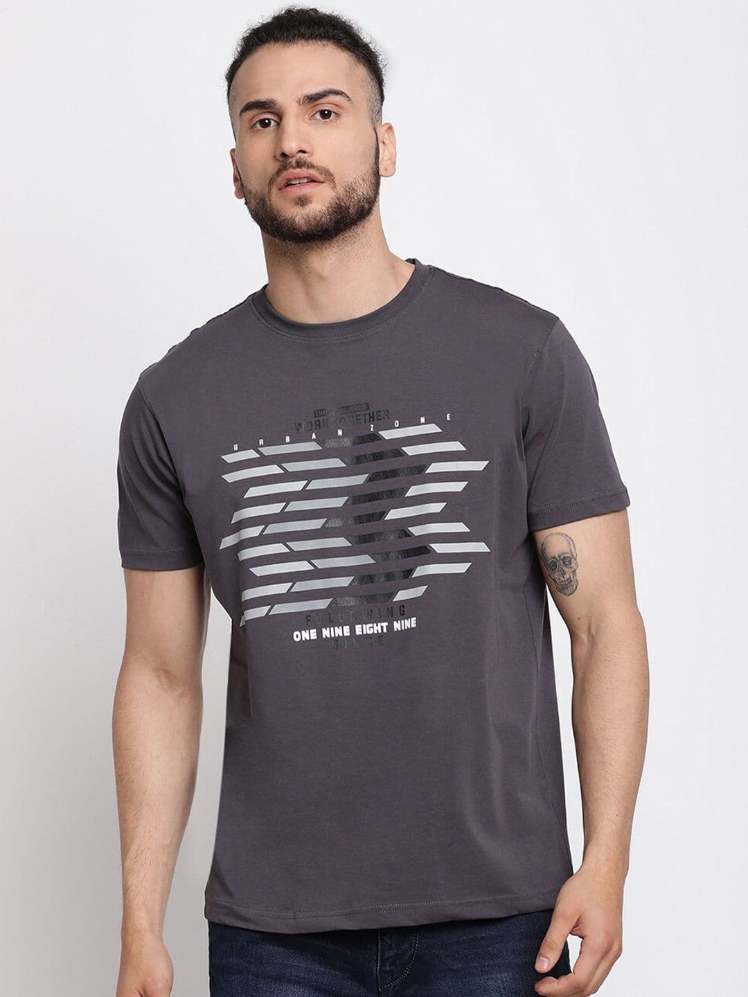 Cantabil Men Grey Cotton Typography Printed Regular Fit T-shirt - view 1