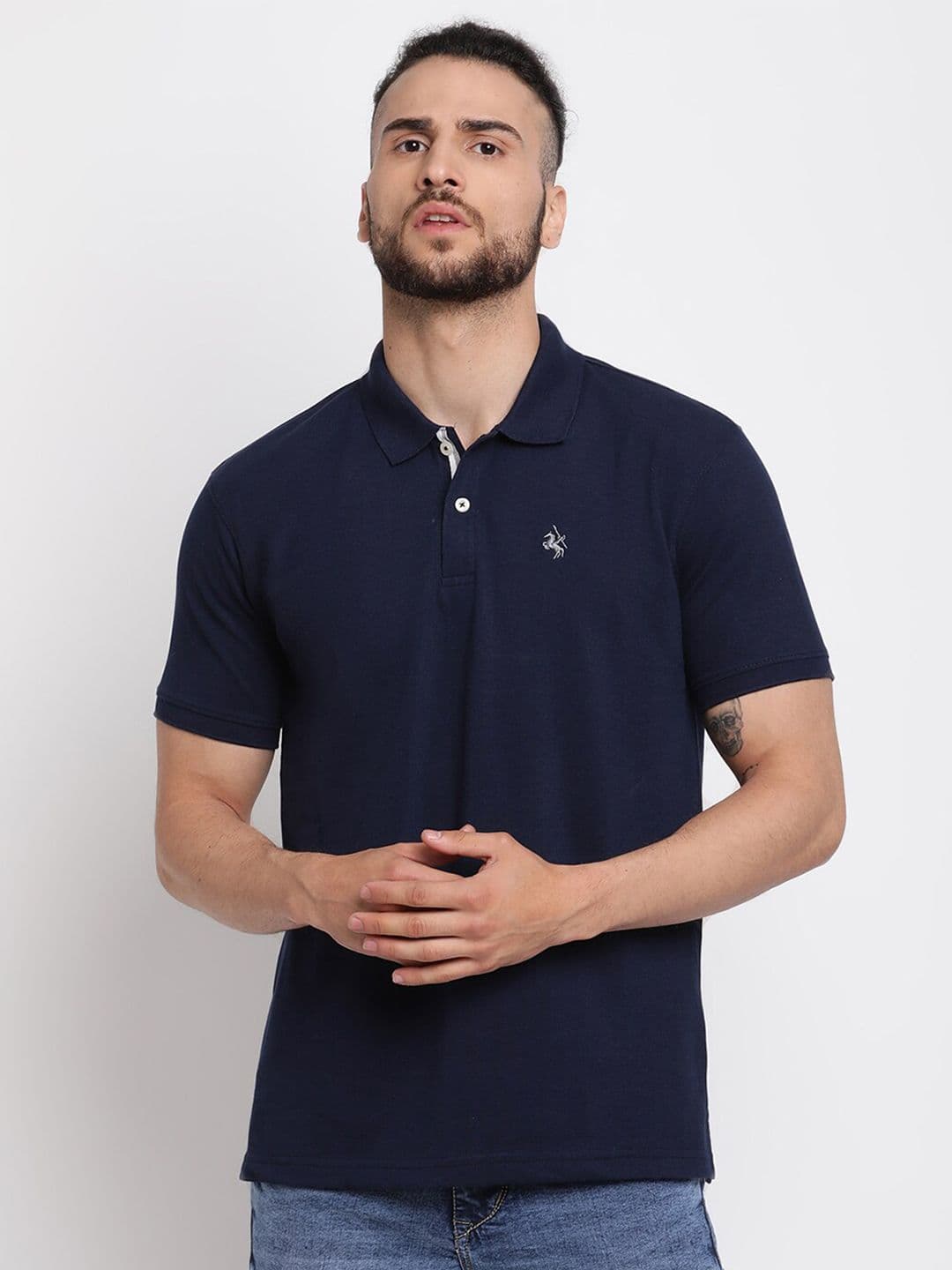 Cantabil Men Navy Blue Cotton Regular Fit T-shirt - view 1