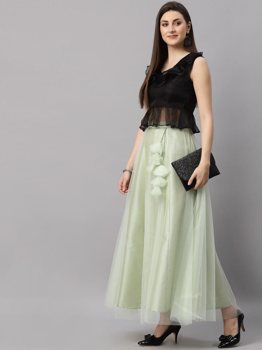 NEUDIS Women Green Solid Net Flared Maxi Lehenga Skirt - view 1
