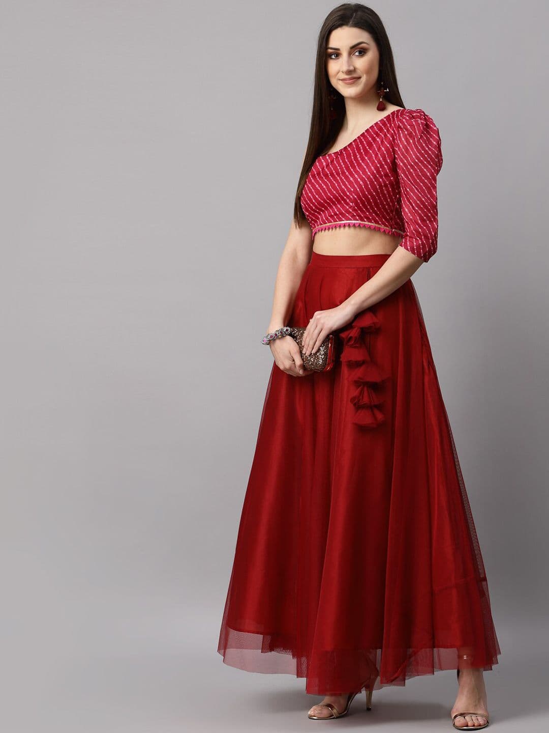 NEUDIS Women Maroon Solid Soft Net Flared Maxi Lehenga Skirt - view 1
