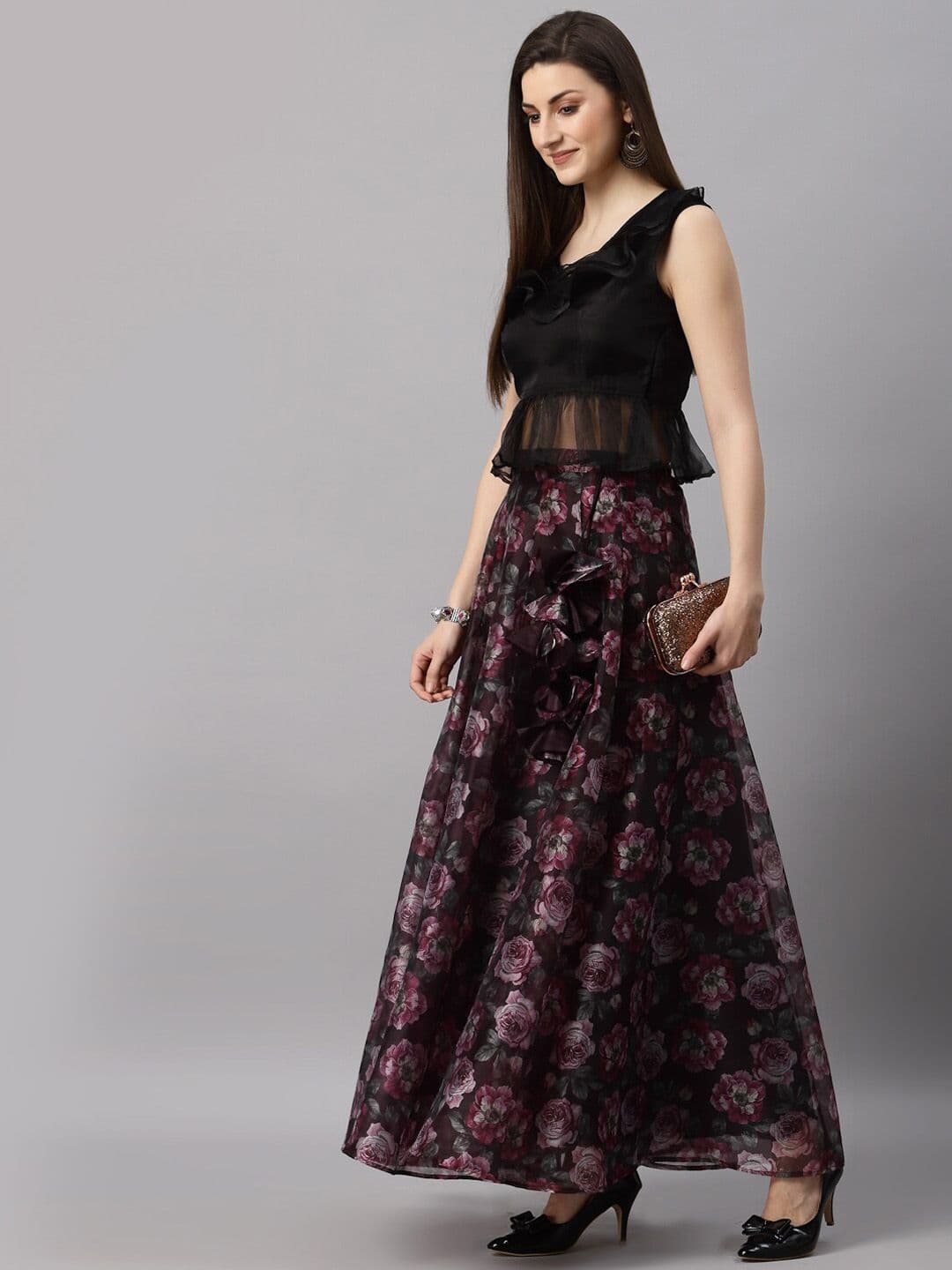 NEUDIS Women Maroon & Pink Floral Print Flared Maxi Lehenga Skirt - view 1
