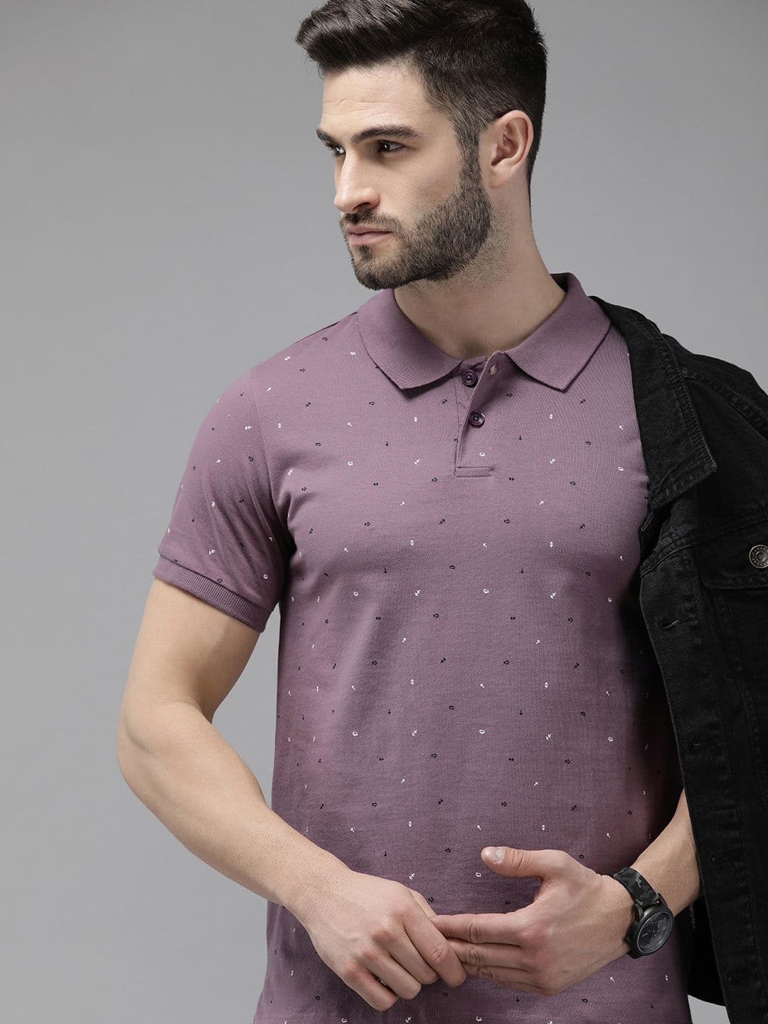 The Roadster Lifestyle Co Men Mauve Printed Pure Cotton Polo Collar T-shirt - view 1