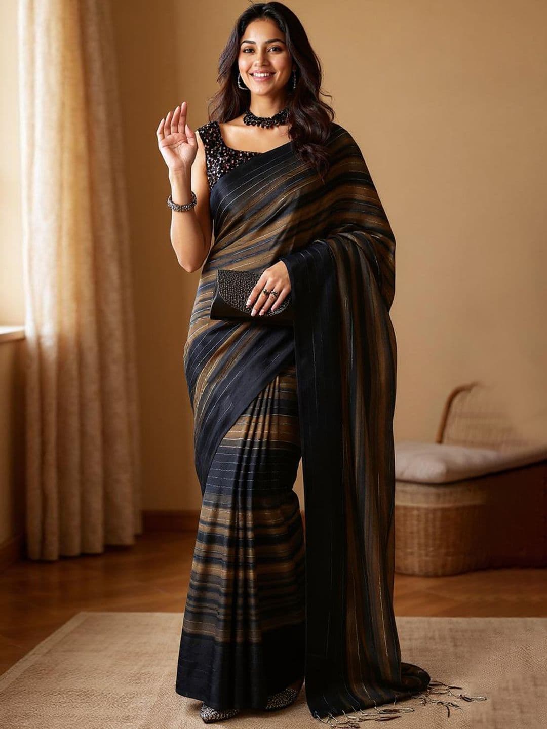 Mitera Black & Tan Striped Party Wear Saree - view 1