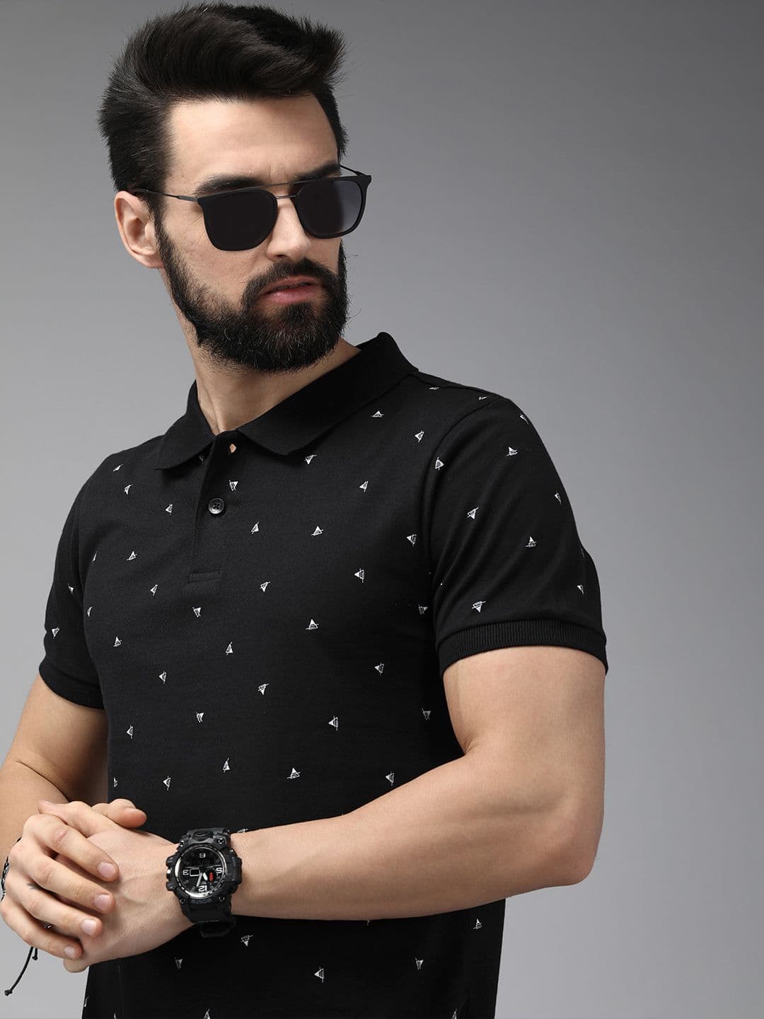 The Roadster Lifestyle Co Men Black Printed Cotton Polo Collar T-shirt - view 1