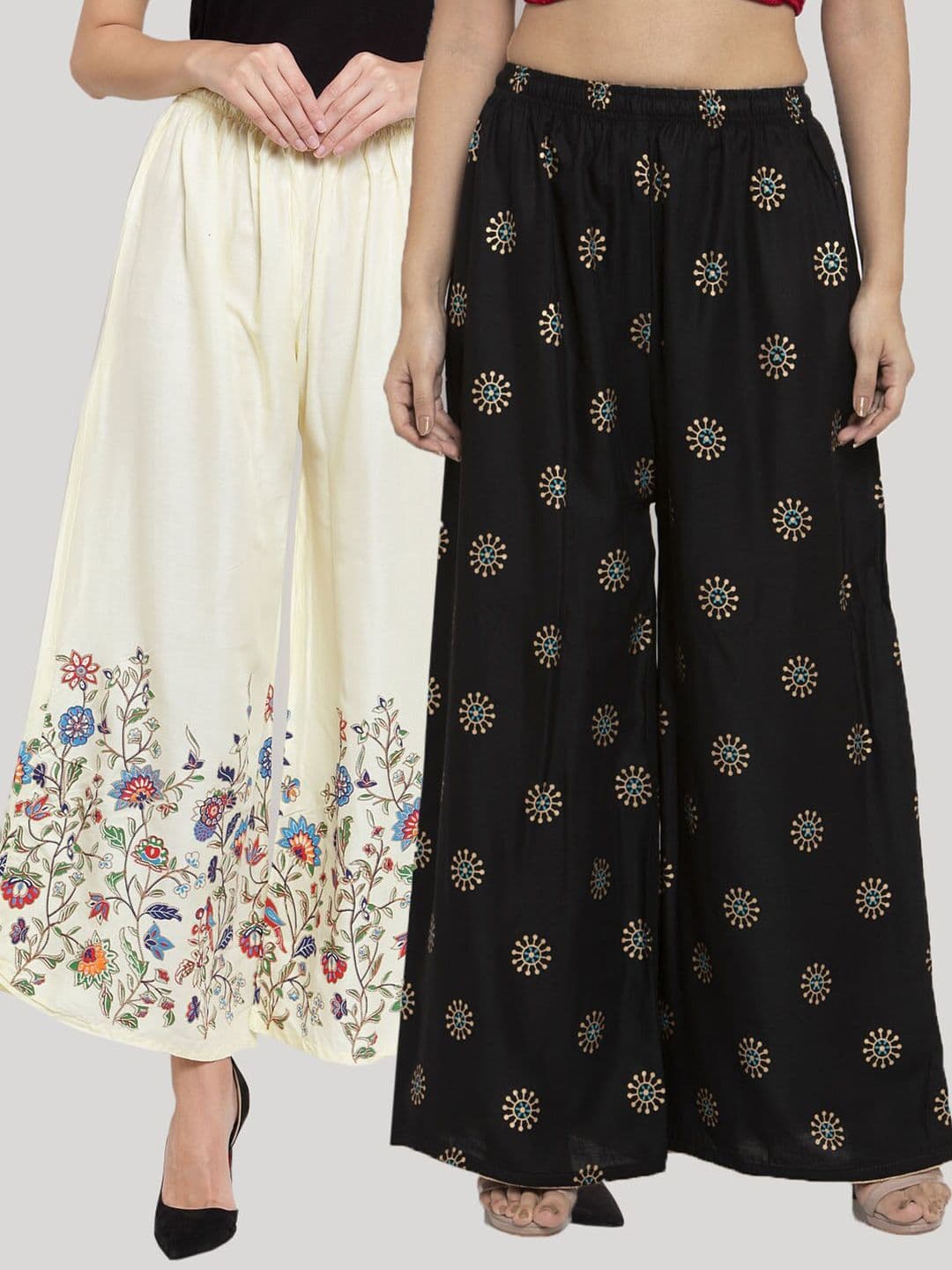 Clora Creation Women Pack of 2 Black & Beige Floral Printed Knitted Palazzos - view 1