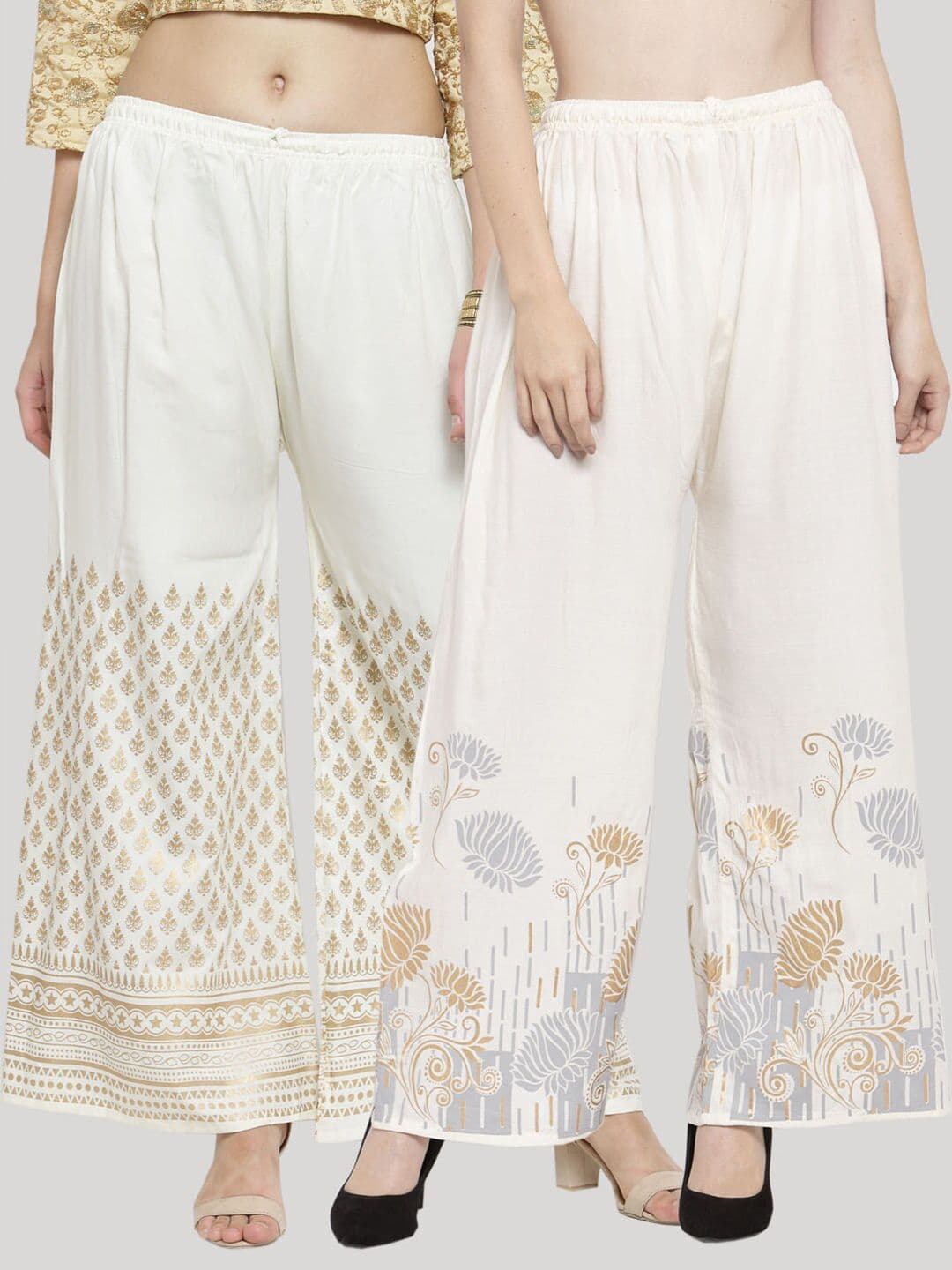Clora Creation Women Pack Of 2 White & Cream-Coloured Floral Printed Ethnic Palazzos - view 1