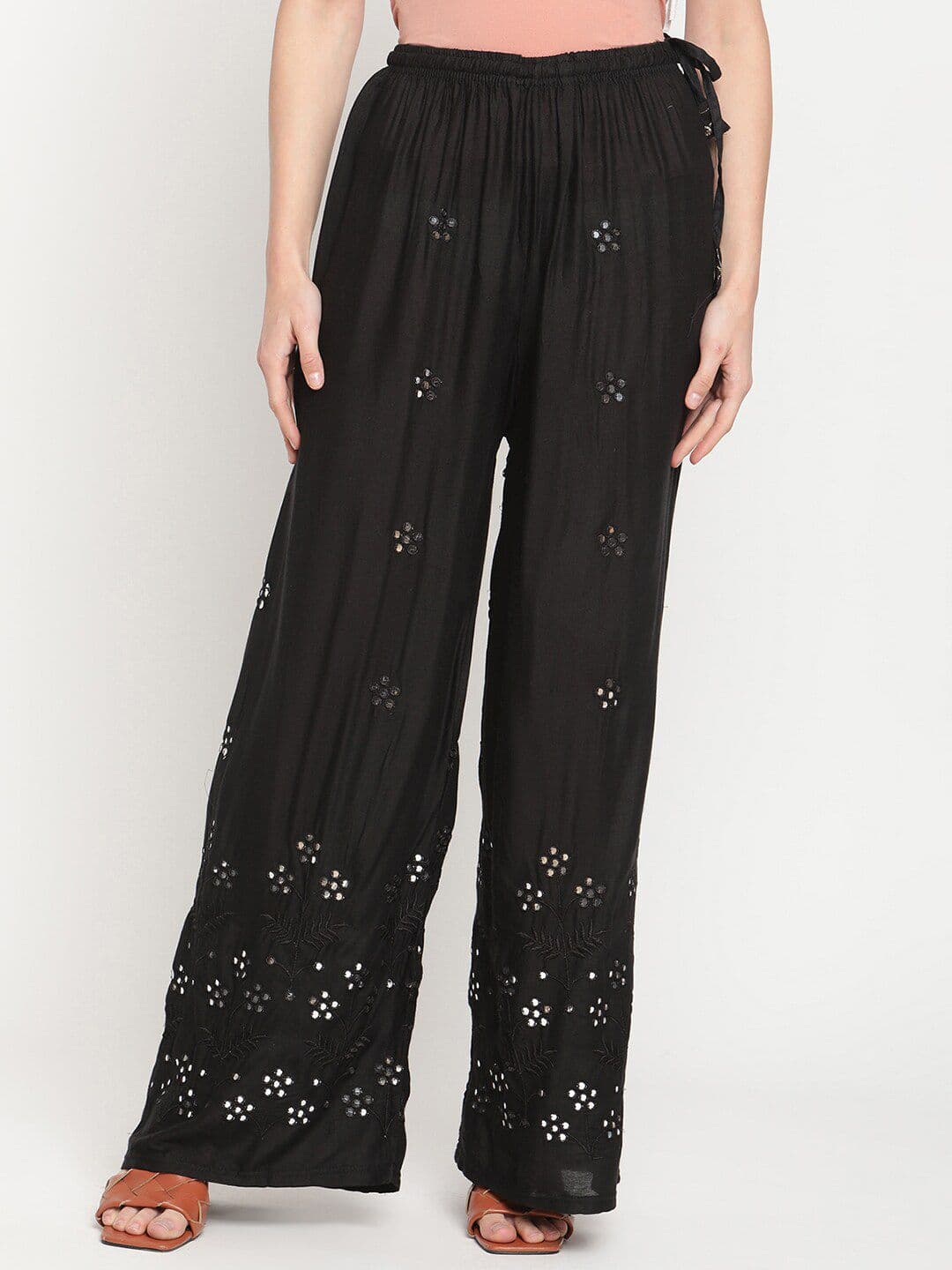 TAG 7 Women Black Embellished Flared Ethnic Palazzos - view 1
