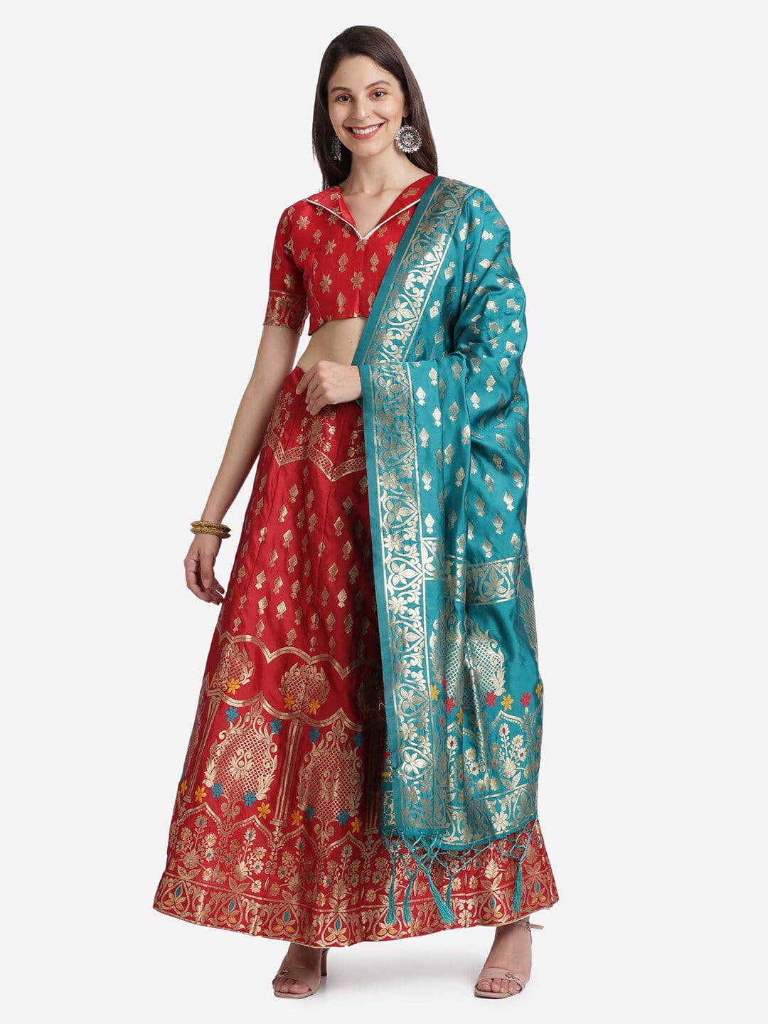 Mitera Red & Blue Semi-Stitched Lehenga & Unstitched Blouse With Dupatta - view 1