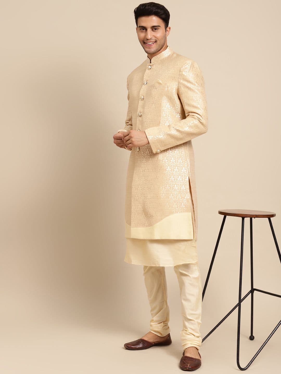 KISAH Men Woven Design Cotton Indowestern Sherwani Set