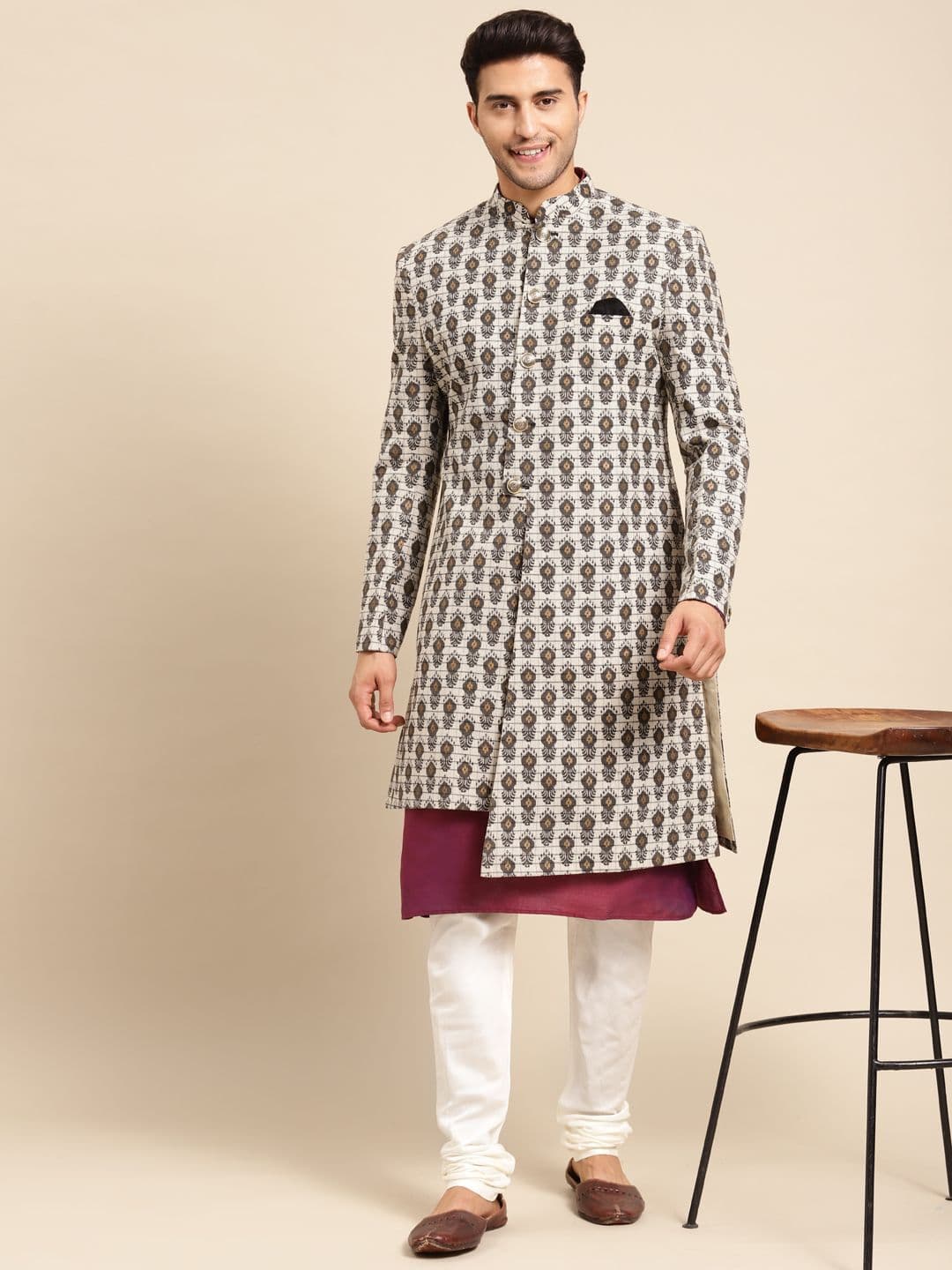 KISAH Men White & Charcoal Grey Ethnic Motifs Printed Cotton Indowestern Sherwani Set