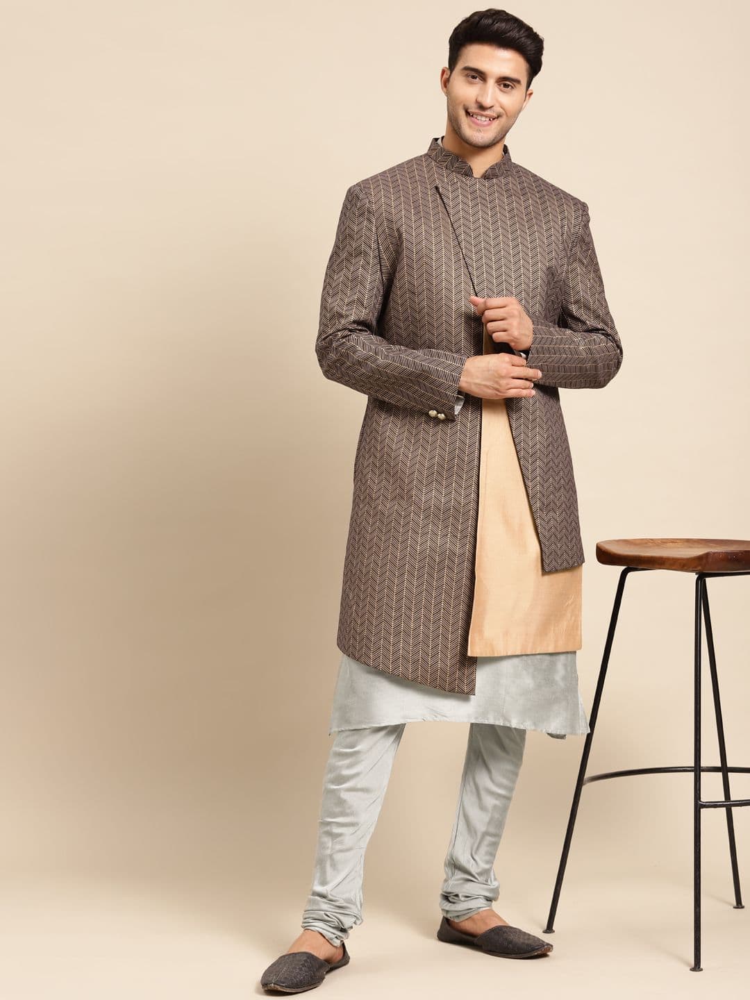 KISAH Men Brown & Grey Printed Indowestern Sherwani Set